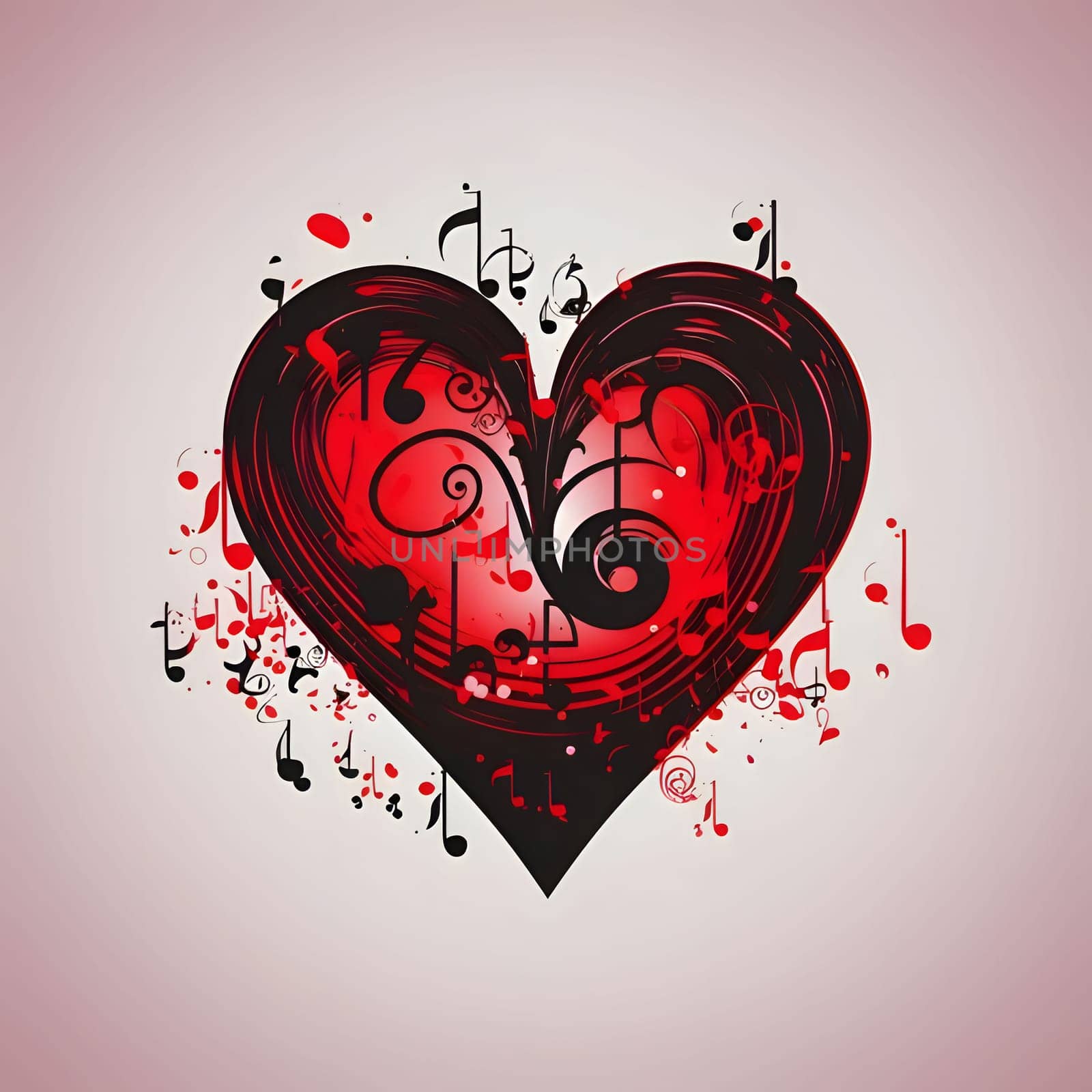 Logo concept red and black hearts decorated with notes. Heart as a symbol of affection and love. The time of falling in love and love.