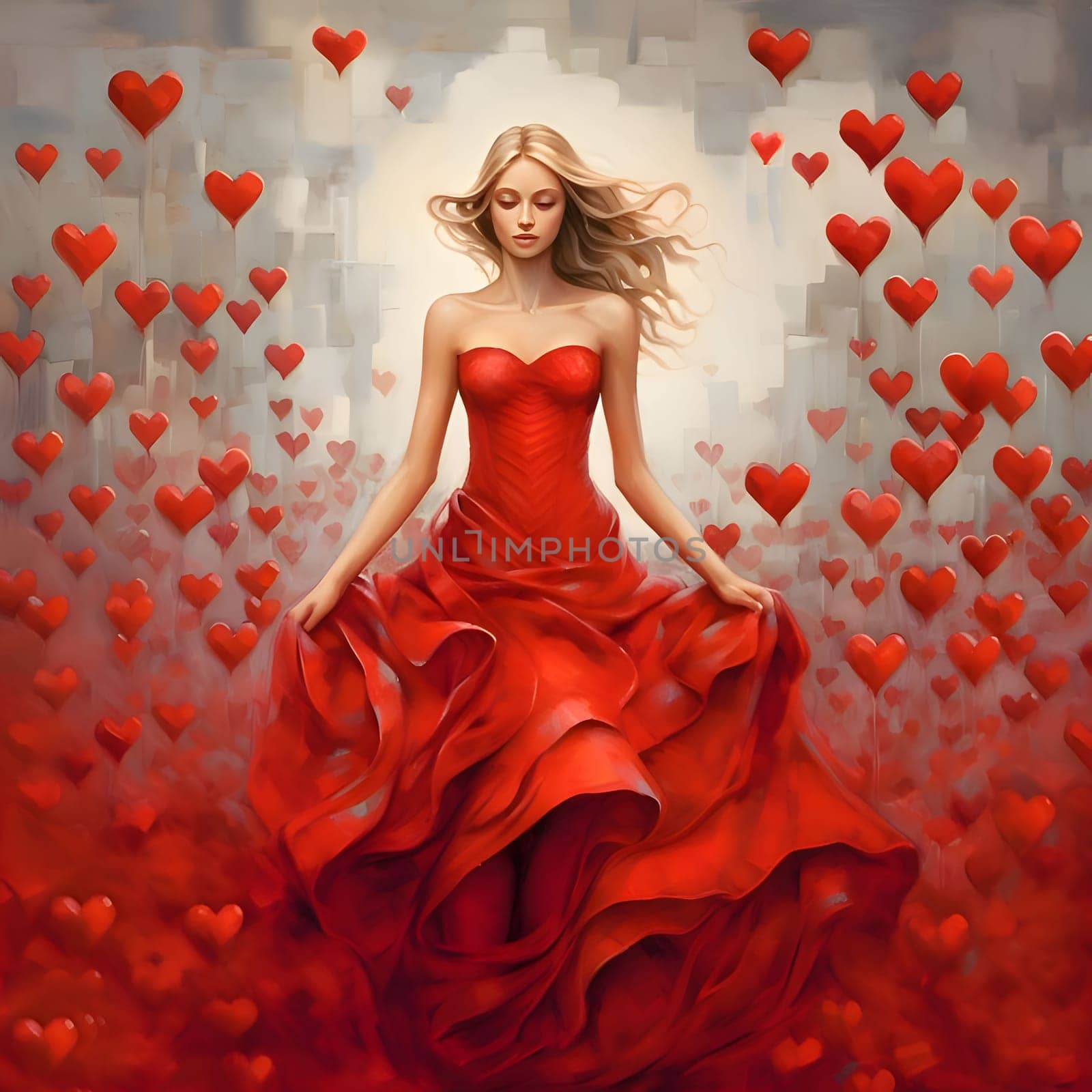 Blonde woman in red dress around rising red hearts. Heart as a symbol of affection and love. by ThemesS