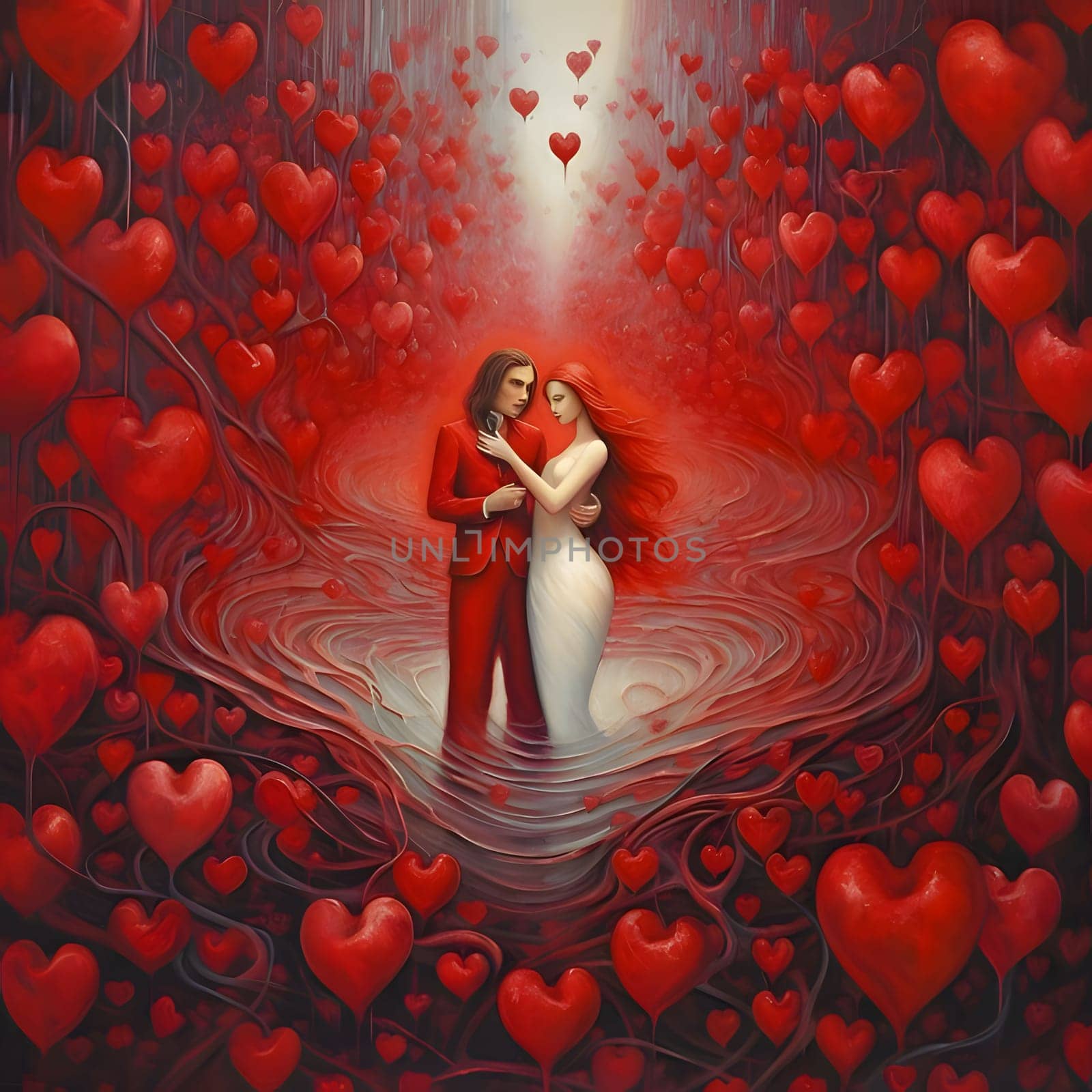 Male and female couple around roots and red hearts. Heart as a symbol of affection and love. The time of falling in love and love.