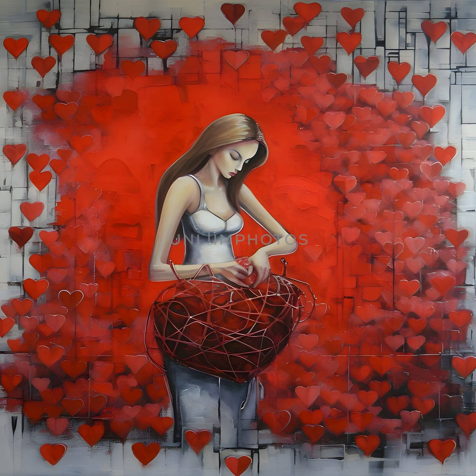 Woman holding hearts entwined with thorns in the background red hearts. Heart as a symbol of affection and love. The time of falling in love and love.