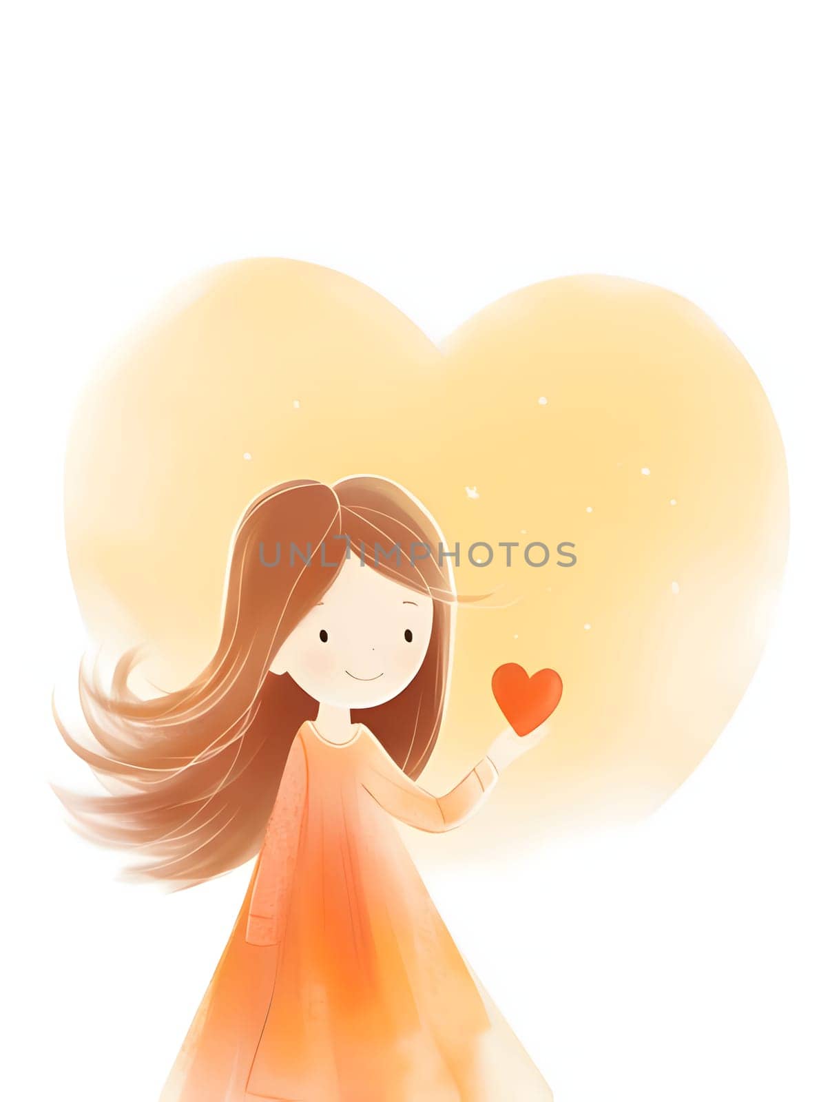 Drawing, a little girl or having a heart in her hand against a background of a large, bright yellow heart. Heart as a symbol of affection and love. The time of falling in love and love.