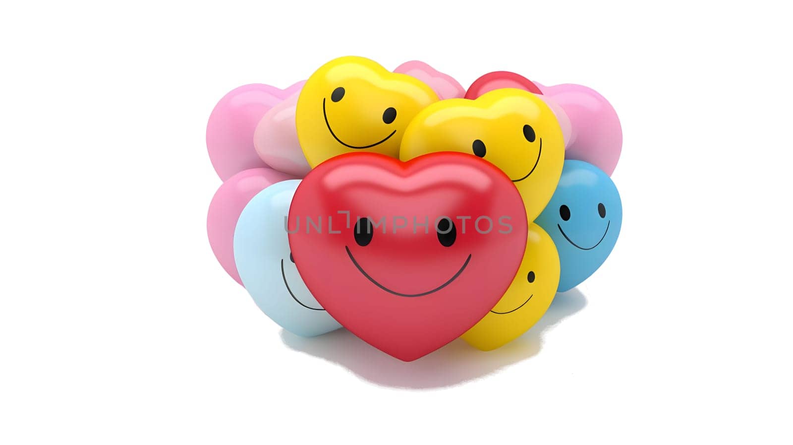 Smiling colorful hearts on white isolated. Heart as a symbol of affection and love. The time of falling in love and love.