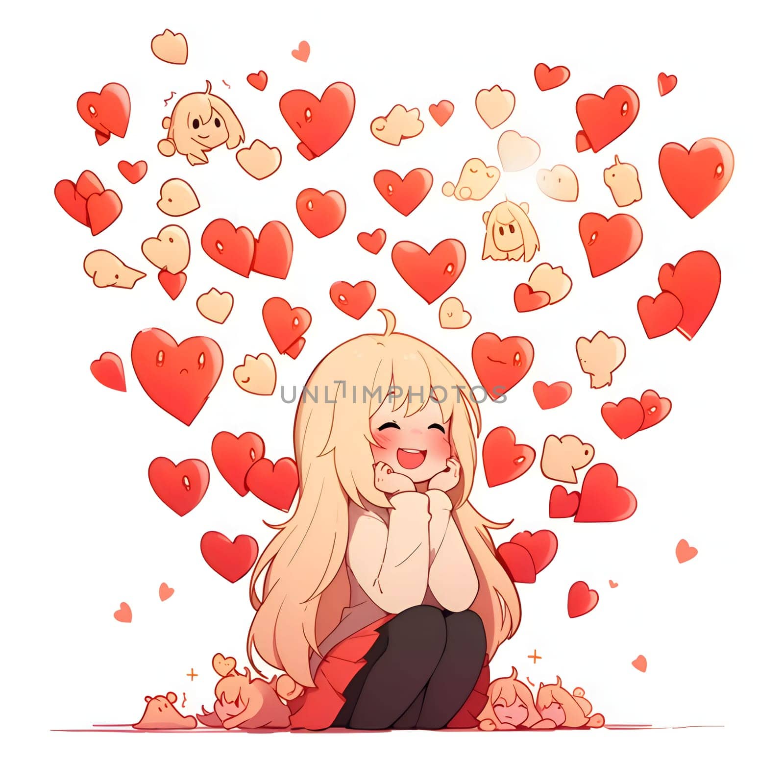 Smiling blushing girl around her flying hearts and thoughts white isolated background. Heart as a symbol of affection and love. by ThemesS