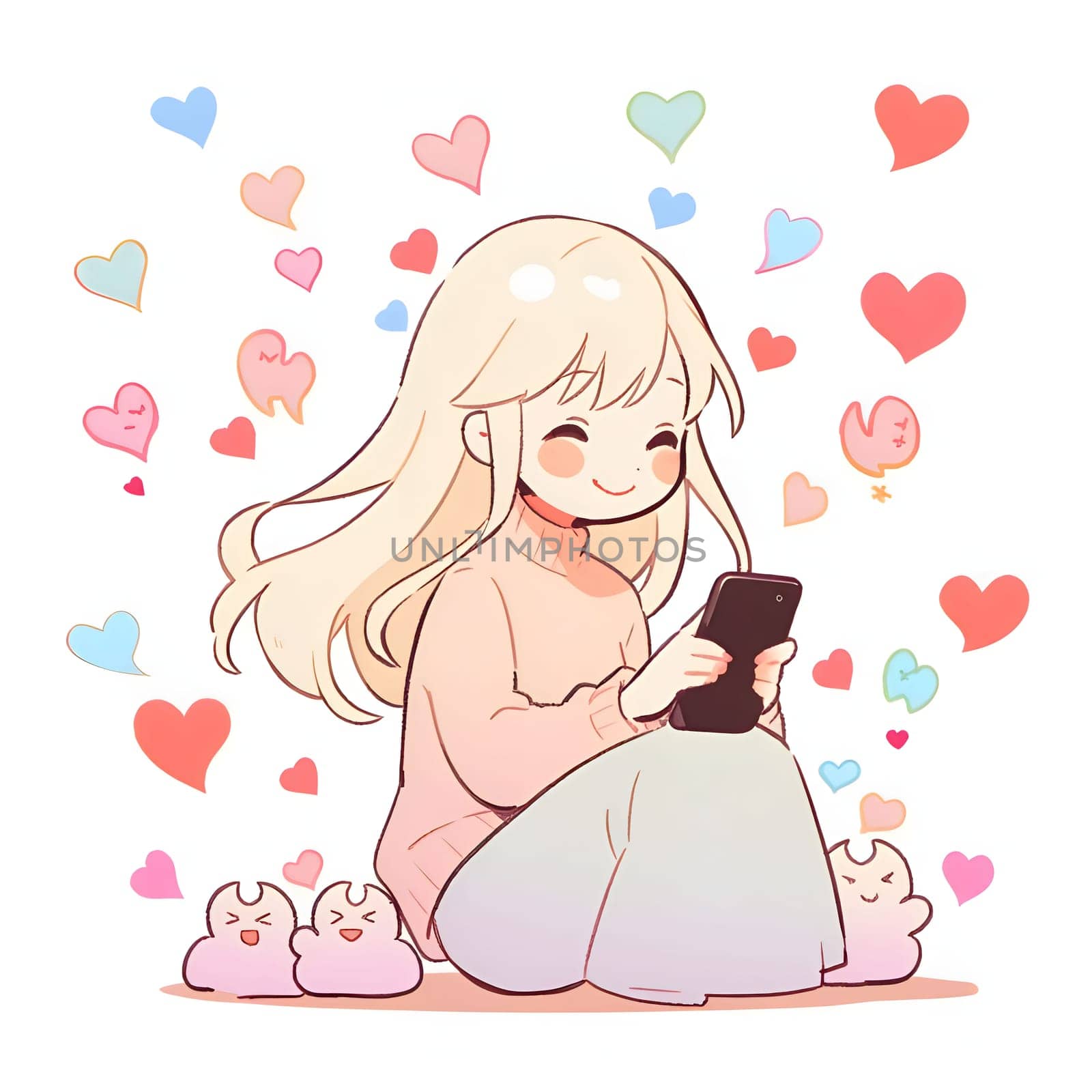 Illustrations smiling blushing girl with a smartphone in her hands around her colorful hearts white isolated. Heart as a symbol of affection and love. The time of falling in love and love.