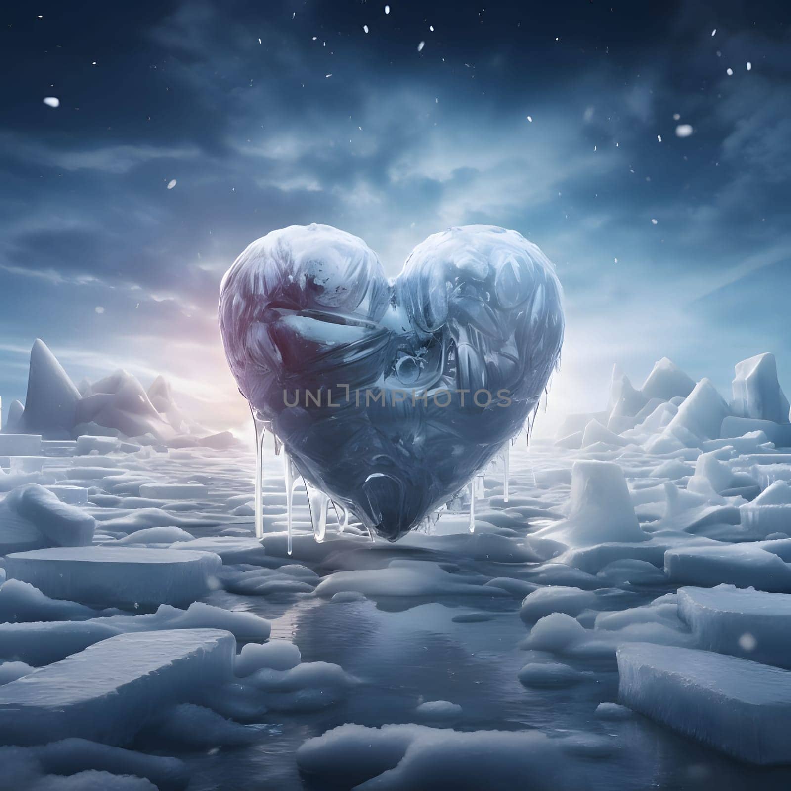 Ice floe and ice sheets and a large ice heart in the middle, night. Heart as a symbol of affection and love. The time of falling in love and love.