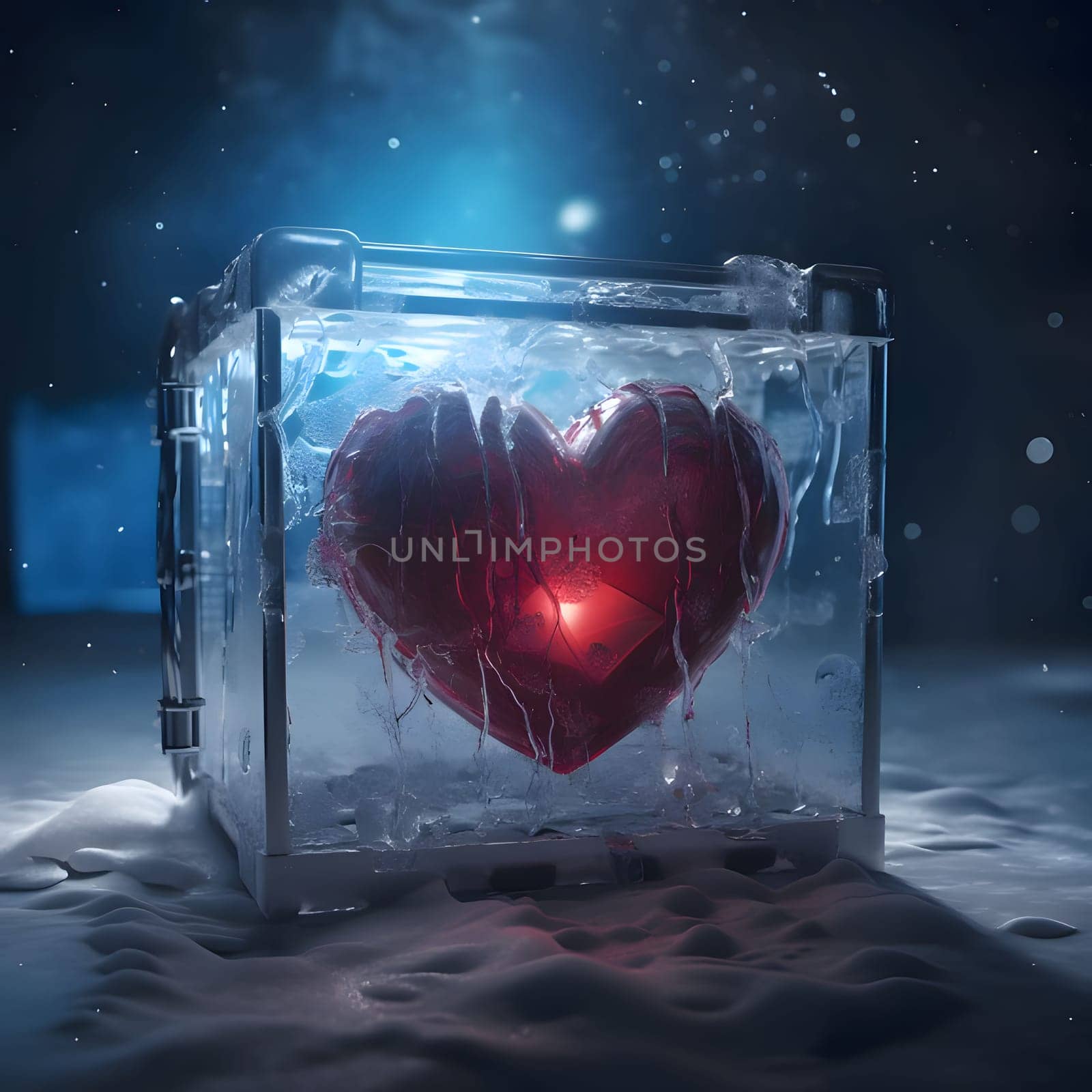 Large red heart frozen in a large ice cube, winter land at night. Heart as a symbol of affection and love. The time of falling in love and love.