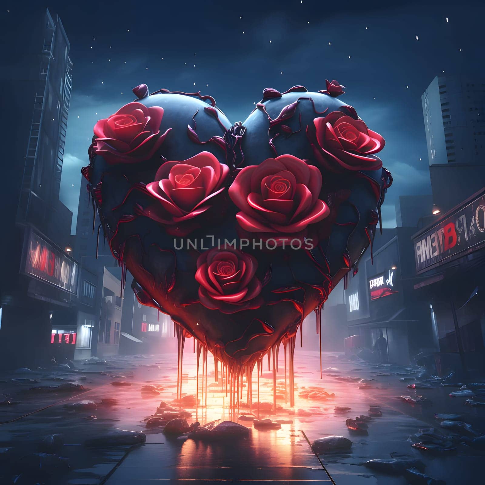 Black heart decorated with red roses around the destroyed city. Heart as a symbol of affection and love. The time of falling in love and love.