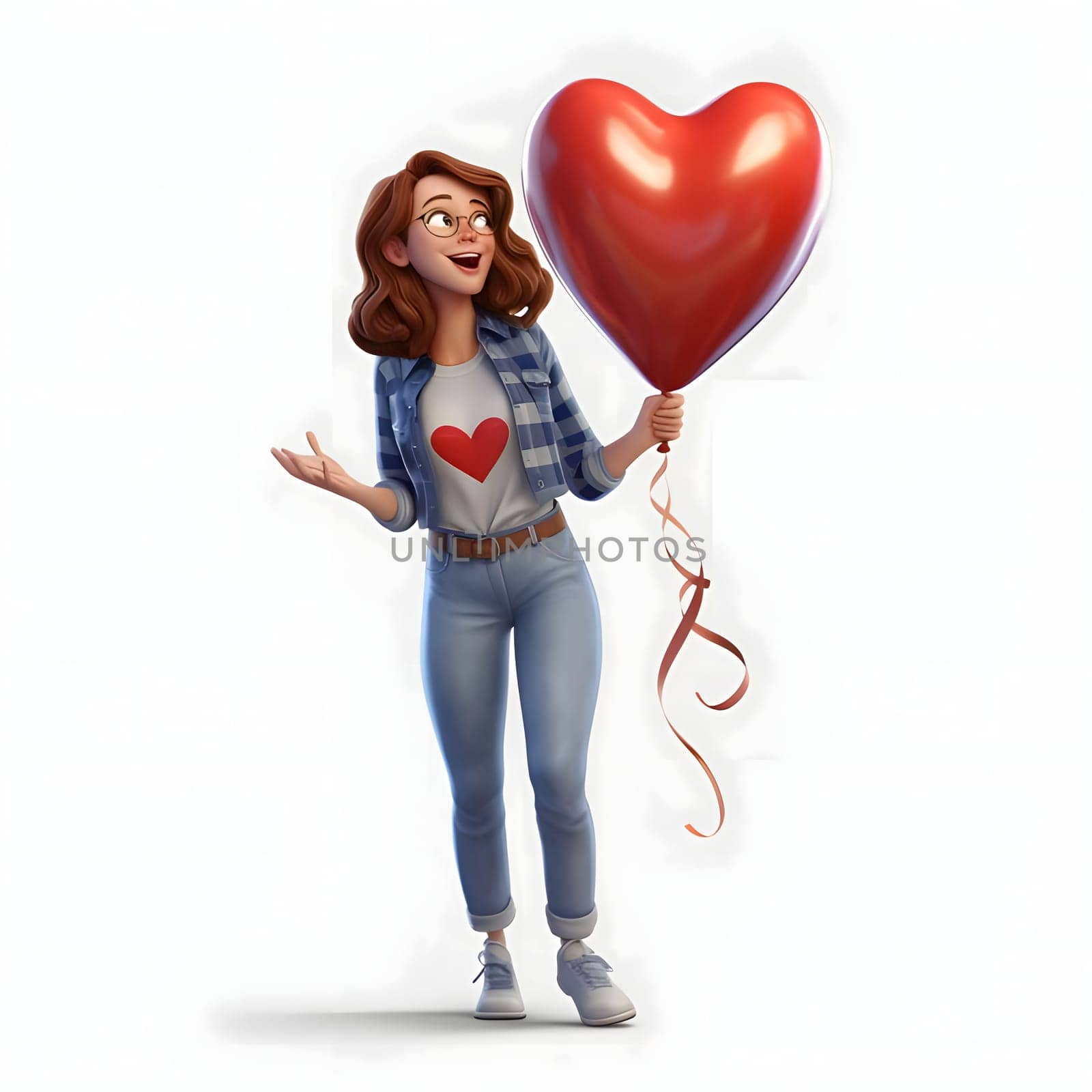 Cardboard illustration of a woman holding a balloon in the shape of a red heart. Heart as a symbol of affection and love. by ThemesS