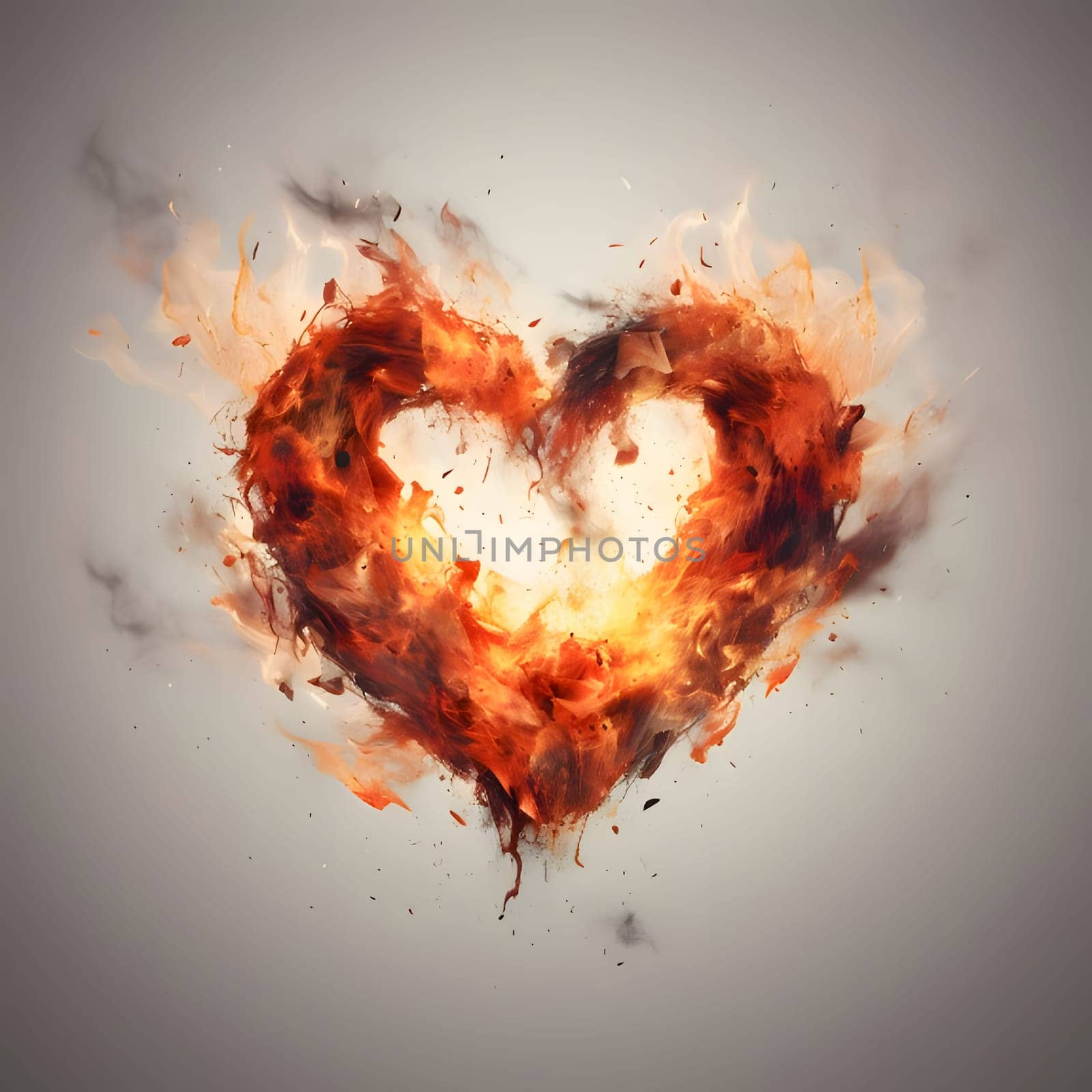 Fiery heart with flames on a gray background. Heart as a symbol of affection and love. The time of falling in love and love.