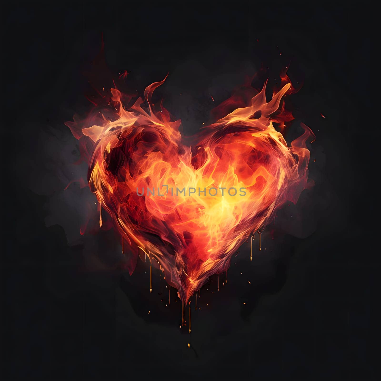 Fiery heart with flames on a black background. Heart as a symbol of affection and love. The time of falling in love and love.
