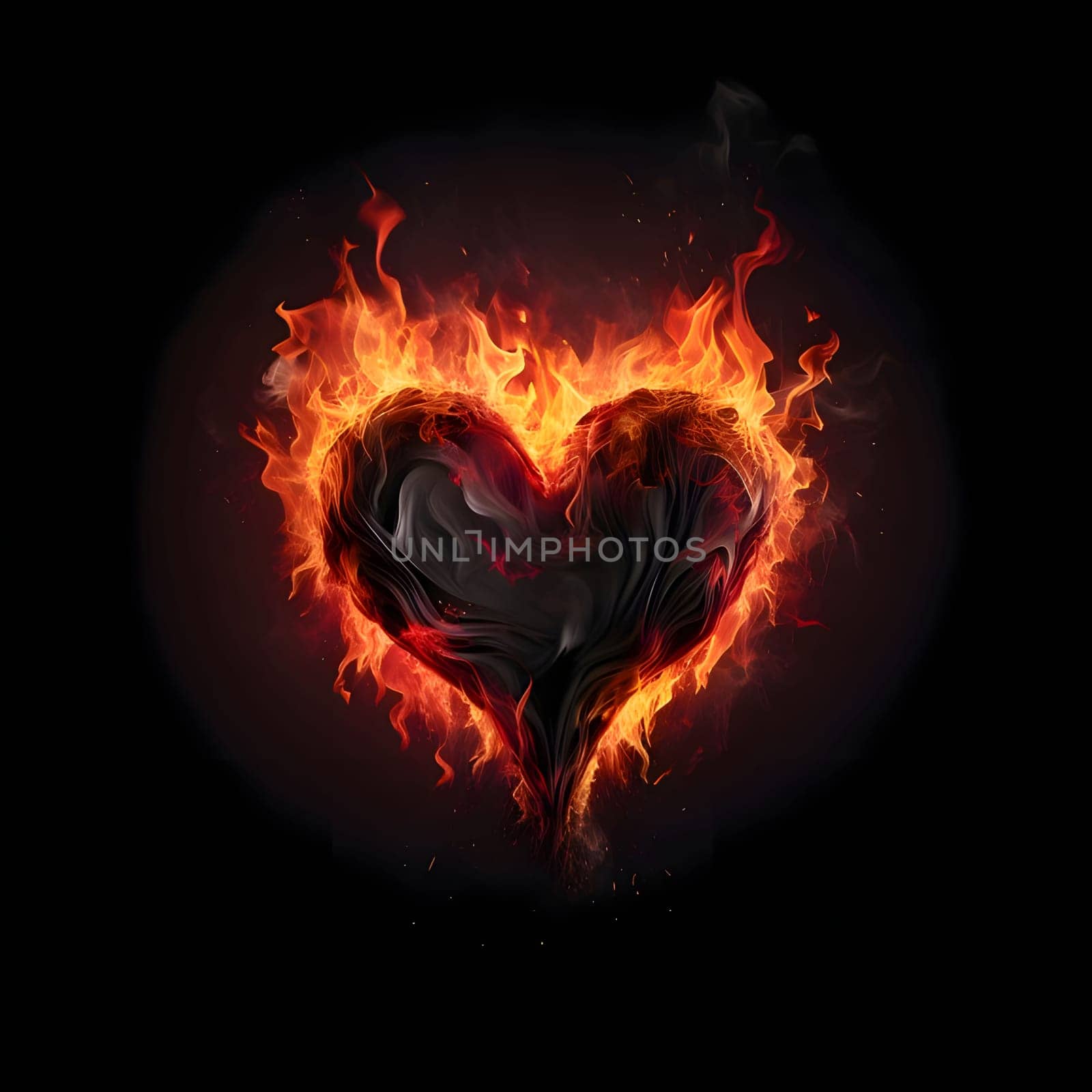 Fiery heart with flames on a black background. Heart as a symbol of affection and love. by ThemesS