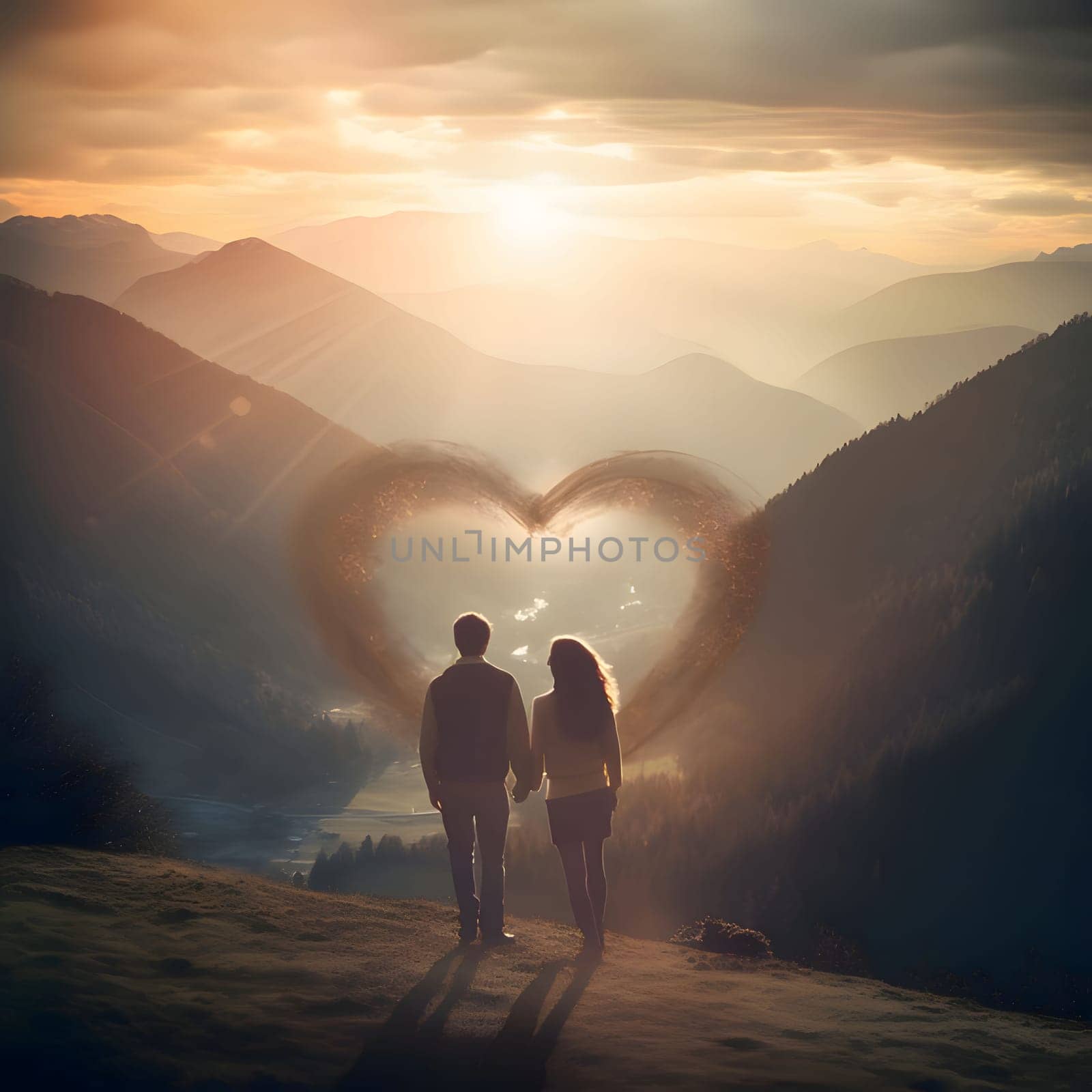 A couple in love holding hands in the middle of the mountains in front of them hearts. Heart as a symbol of affection and love. The time of falling in love and love.