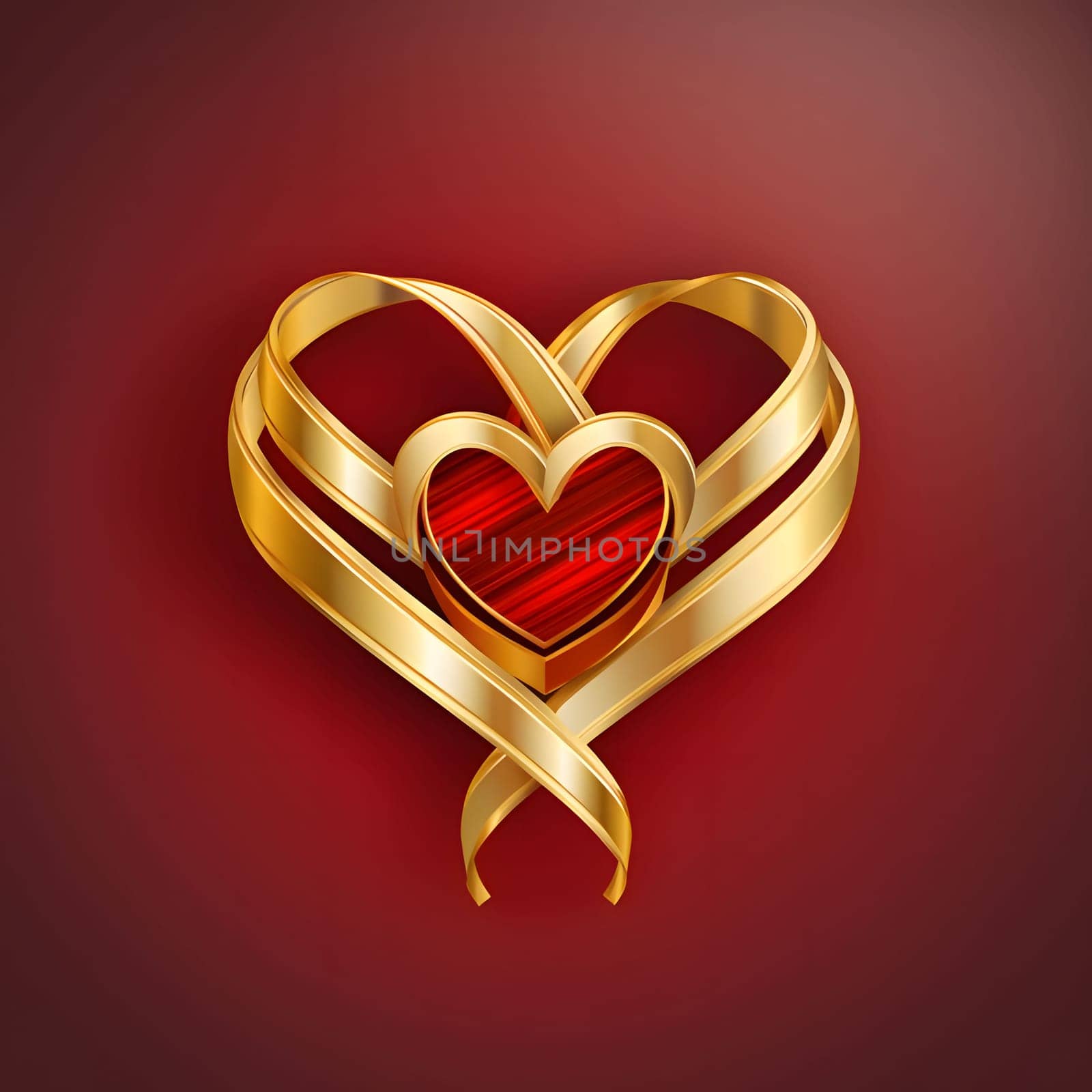 Gold bow in the middle, red heart, red background. Heart as a symbol of affection and love. The time of falling in love and love.