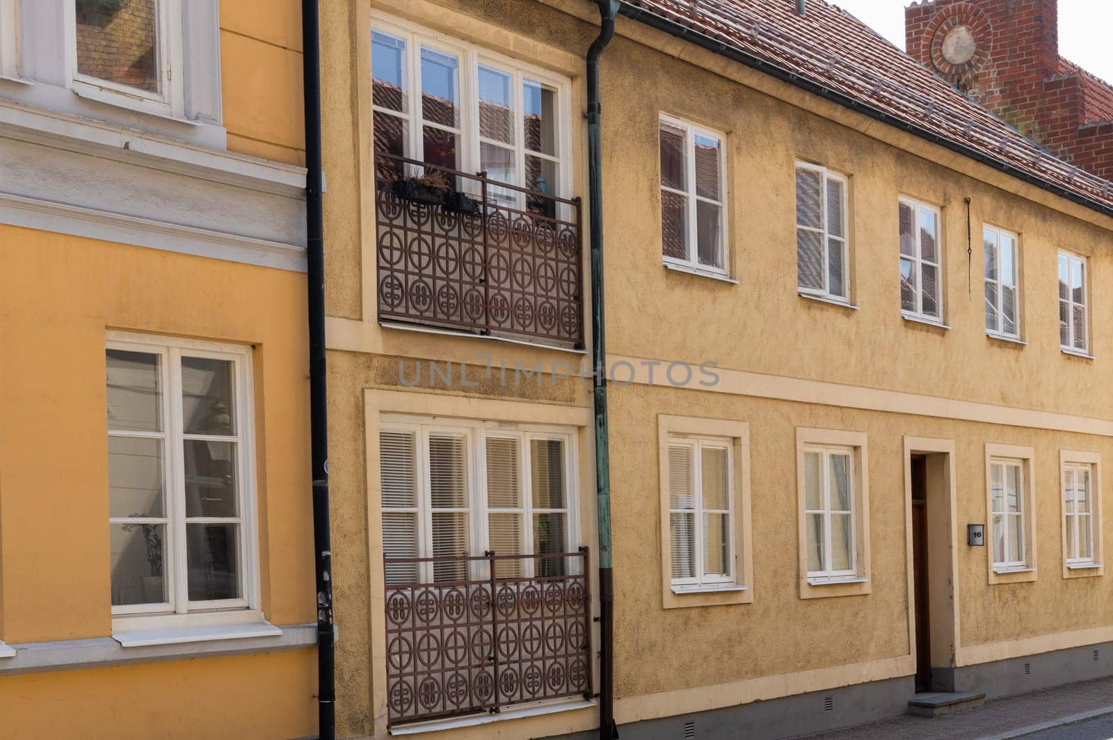 Narrow streets of the old town with colorful houses Ystad, Sweden.