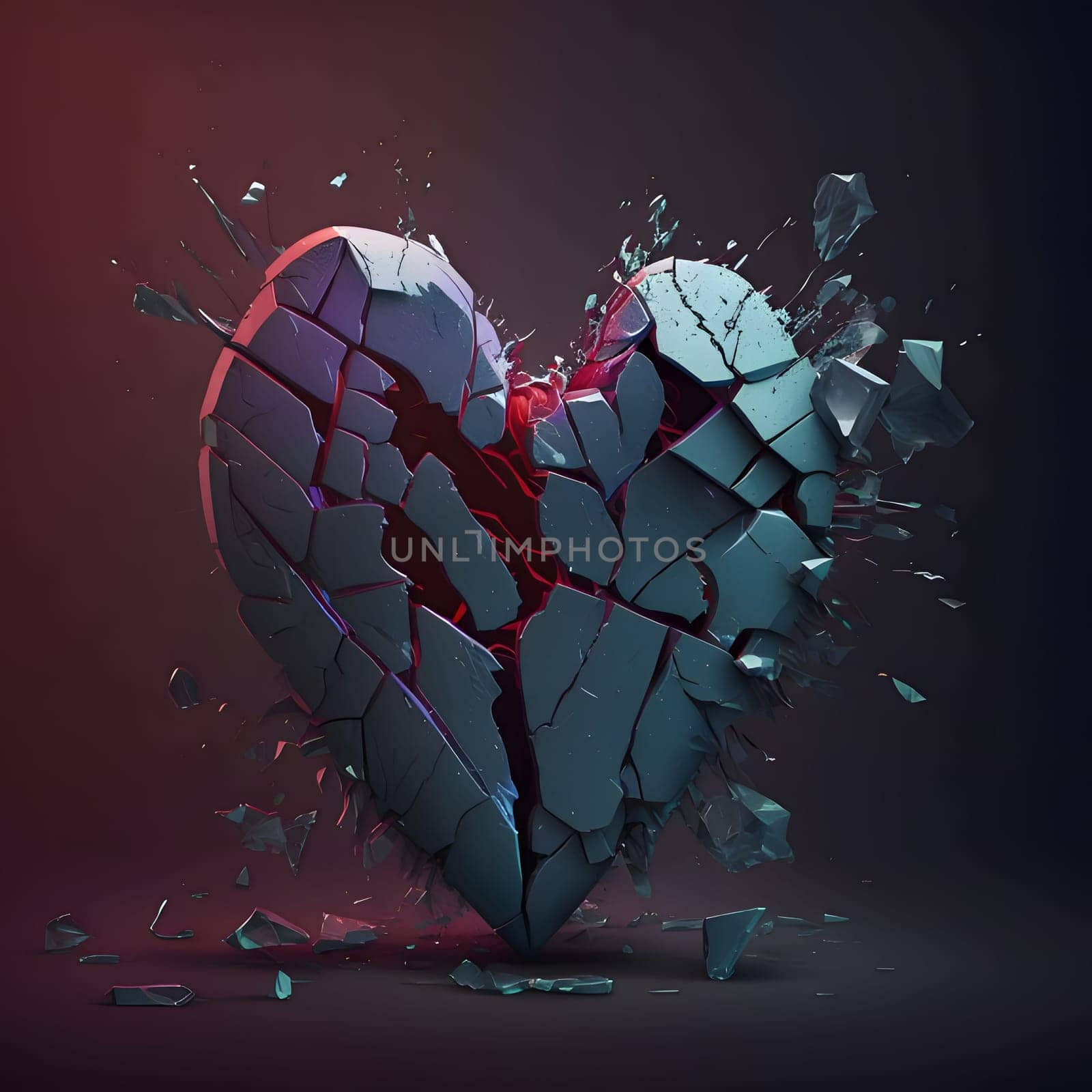 Large cracked heart on a dark background, splashes. Heart as a symbol of affection and love. The time of falling in love and love.