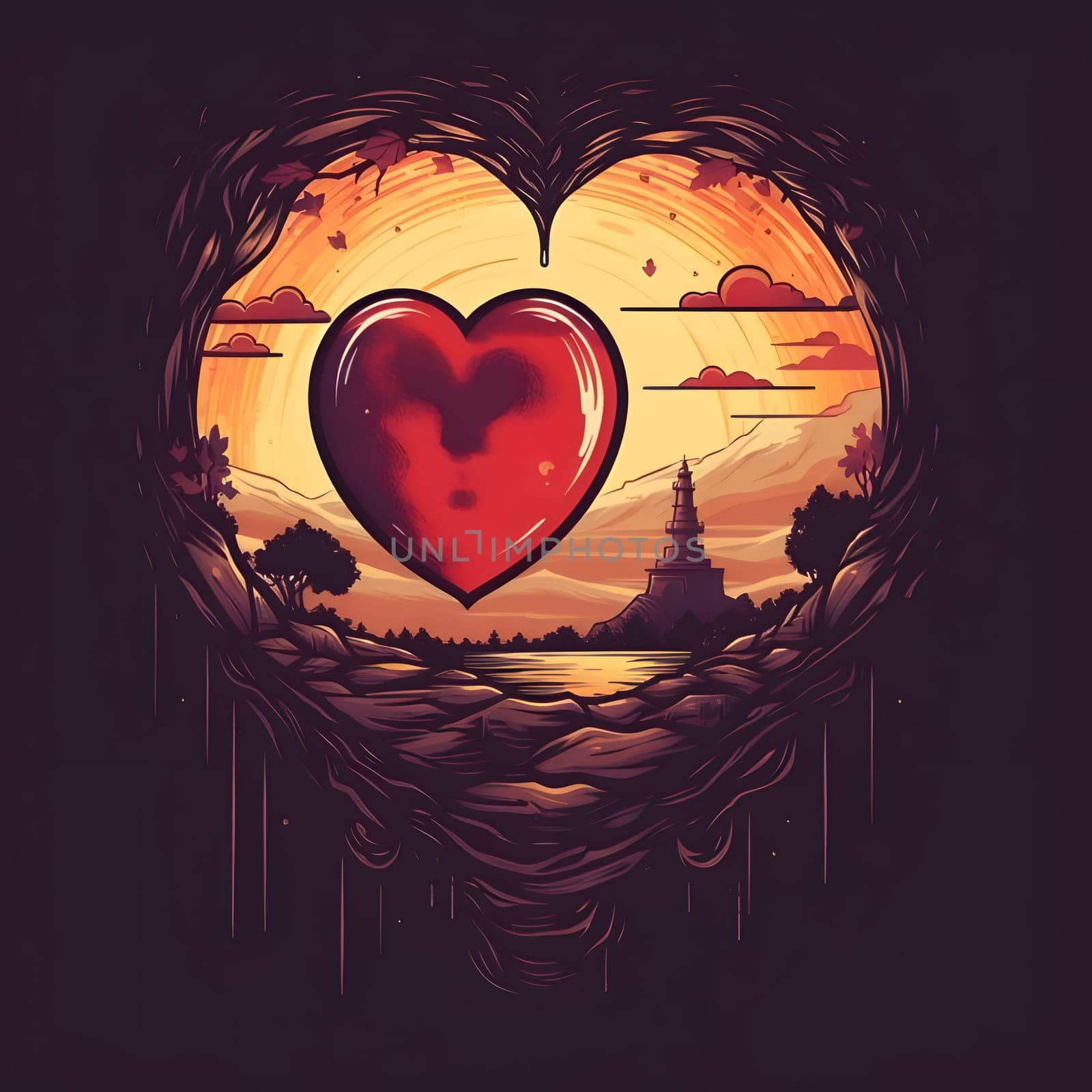 Illustrations of a large red heart on the back of a lighthouse and mountains sunset stone. Heart as a symbol of affection and love. The time of falling in love and love.