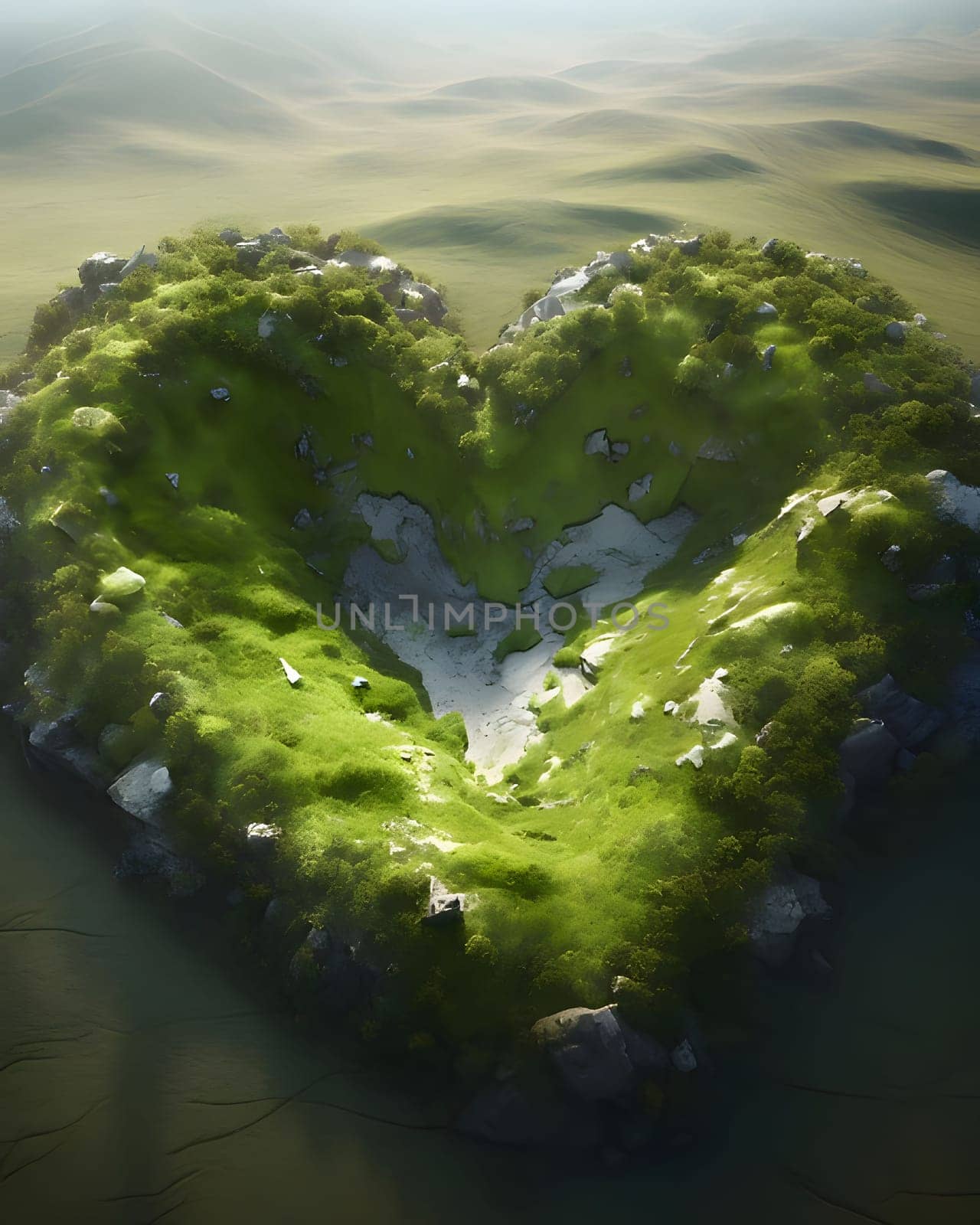 A large green heart made of vegetation in the middle of the desert. Heart as a symbol of affection and love. by ThemesS