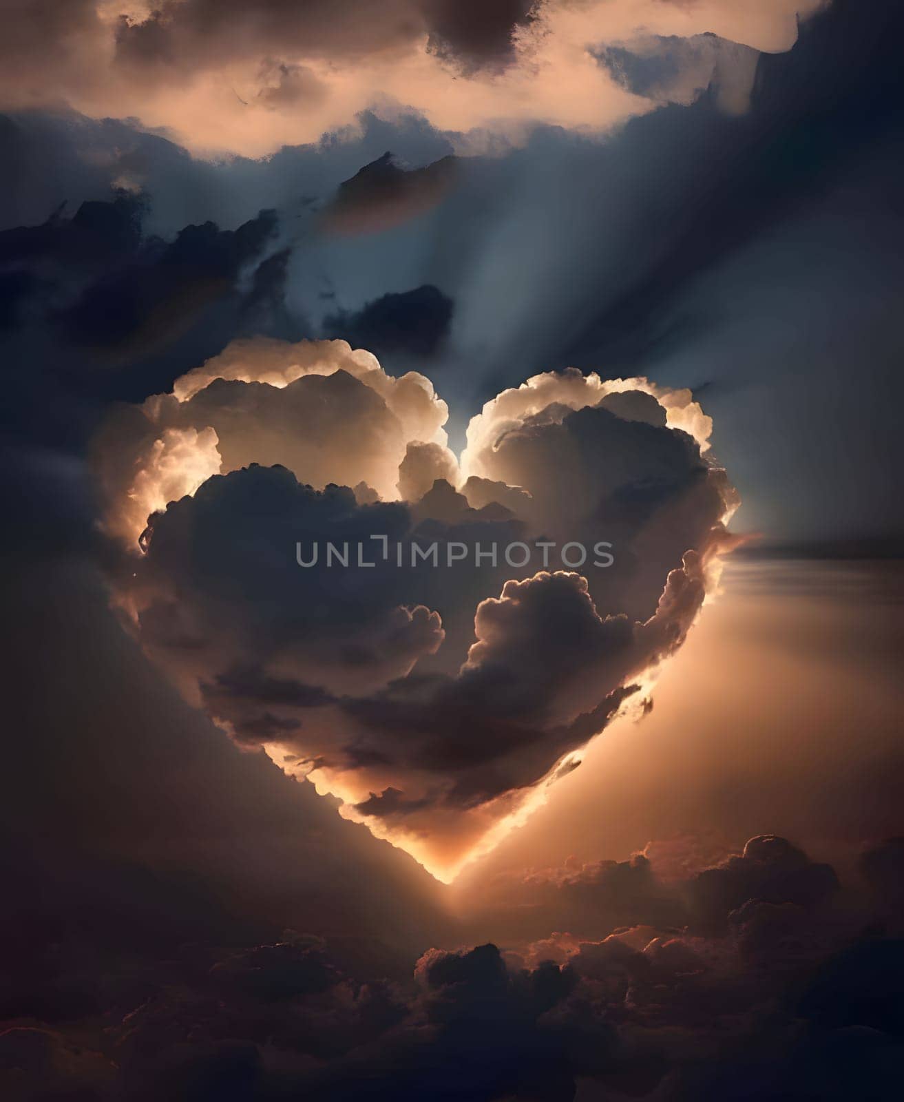 A heart formed in the sky with dark storm clouds and a shining sun at Sunset. Heart as a symbol of affection and love. The time of falling in love and love.