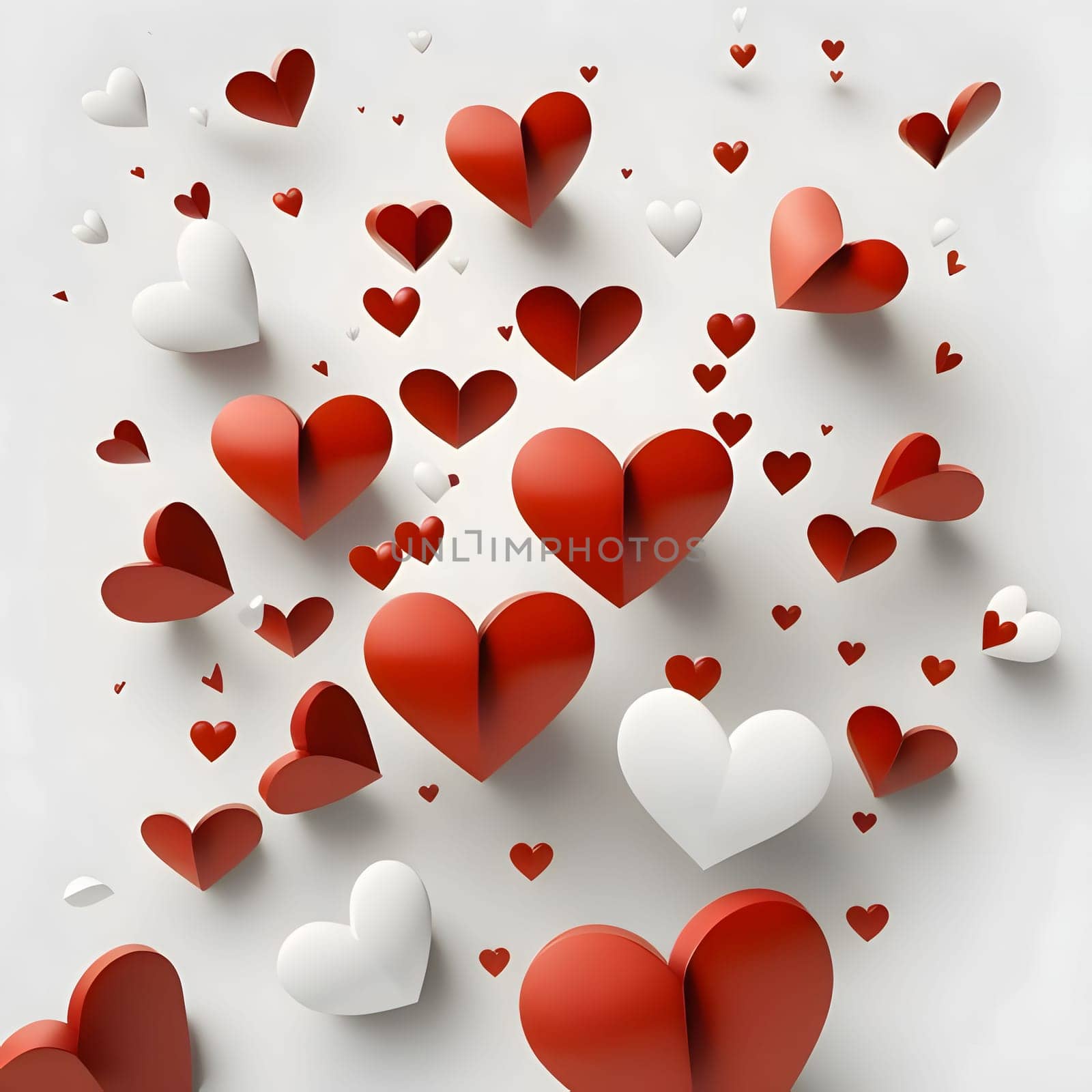 Red and white hearts on a gray background. Heart as a symbol of affection and love. The time of falling in love and love.