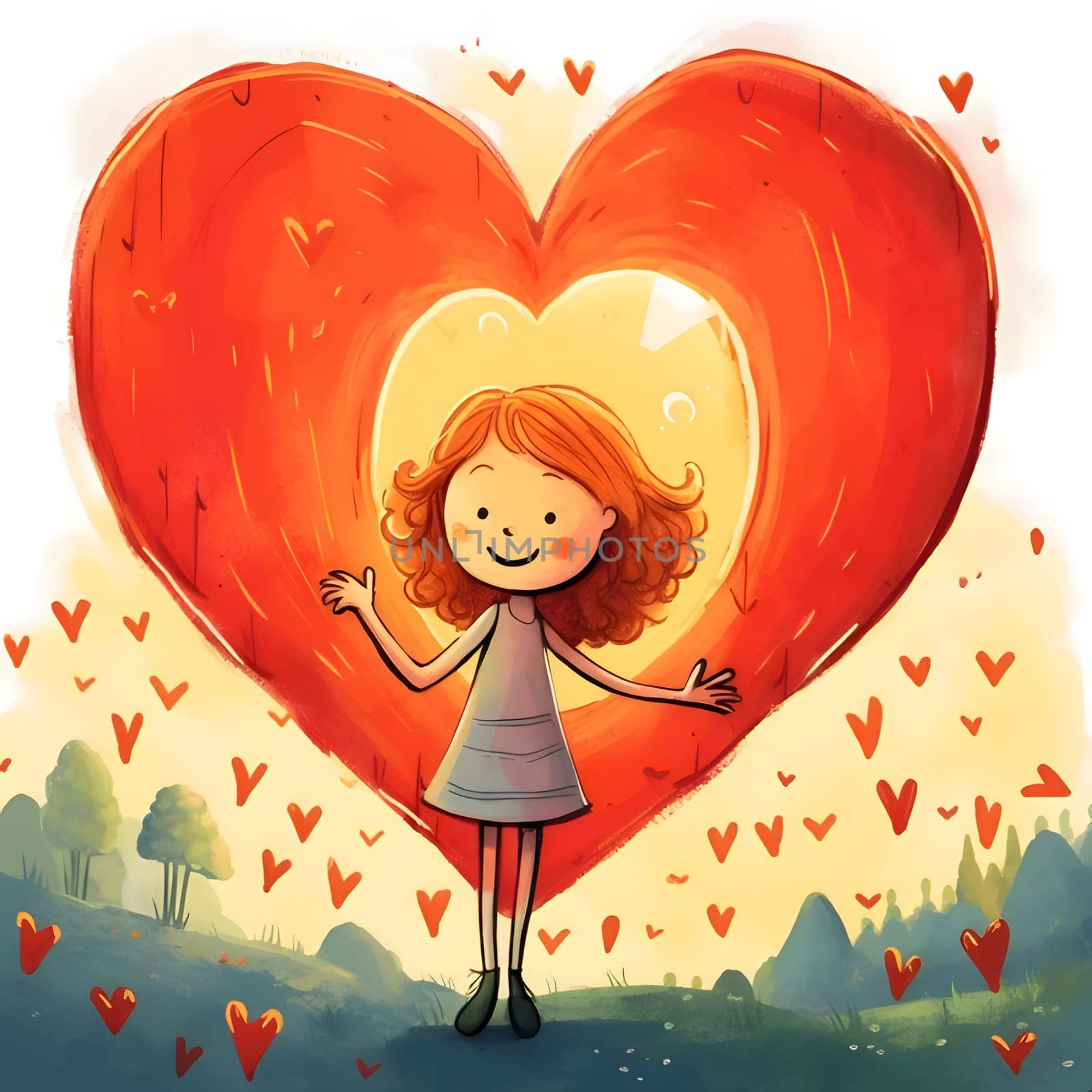 Fairy tale illustration of a girl smiling over a background of a big Red heart, flying little hearts. Heart as a symbol of affection and love. The time of falling in love and love.