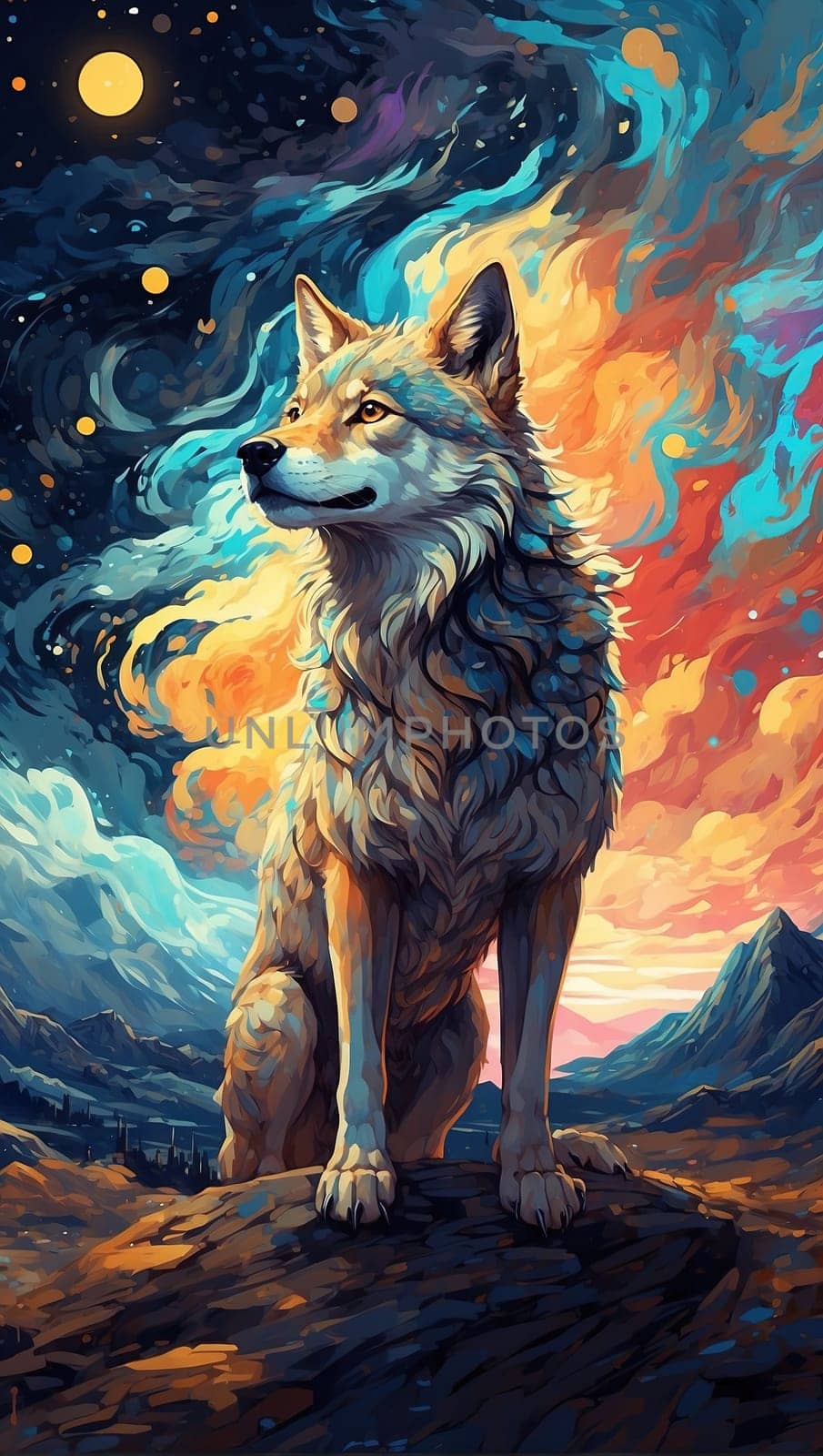 Digital painting of a wolf sitting on a rock in the night sky. Generative AI.
