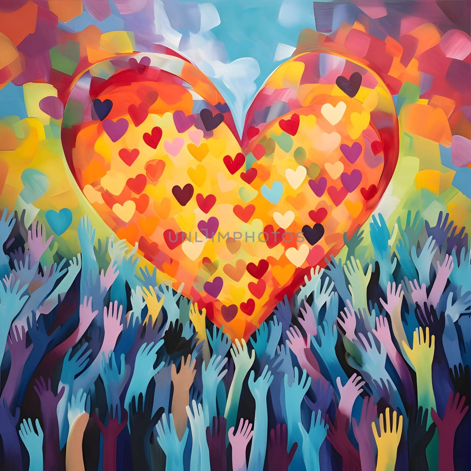Painted illustration of dozens of colorful hands up opposite painted colorful heart with small hearts in the middle. Heart as a symbol of affection and love. The time of falling in love and love.