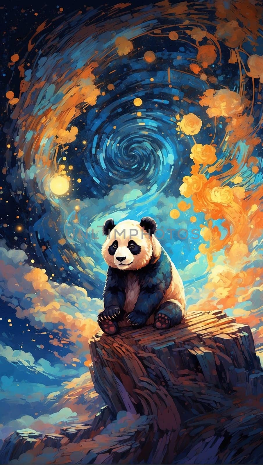 Panda sitting on a rock in the moonlight. Illustration. Generative AI.