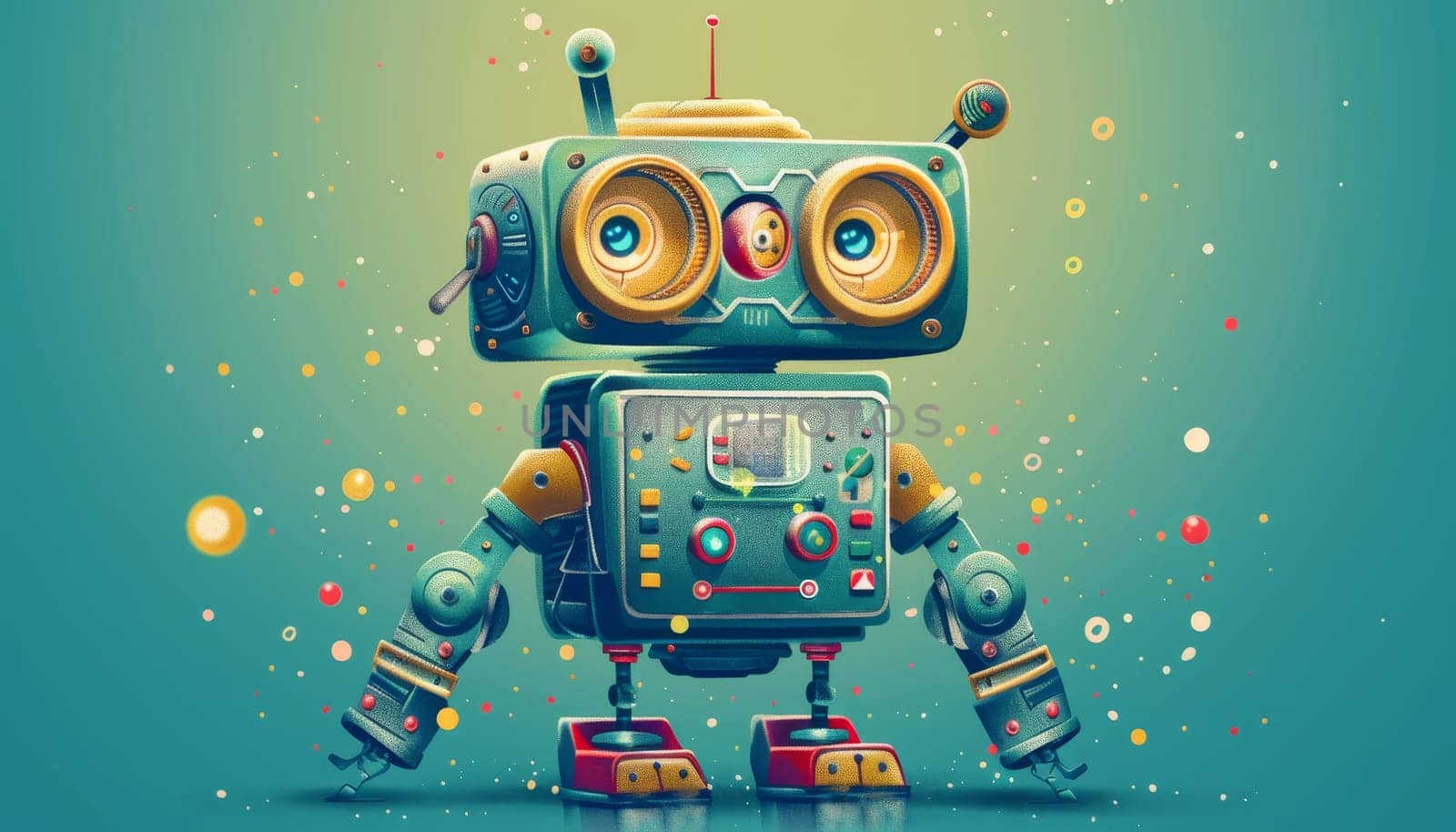 A robot with a green body and yellow eyes stands on a blue background by AI generated image by wichayada