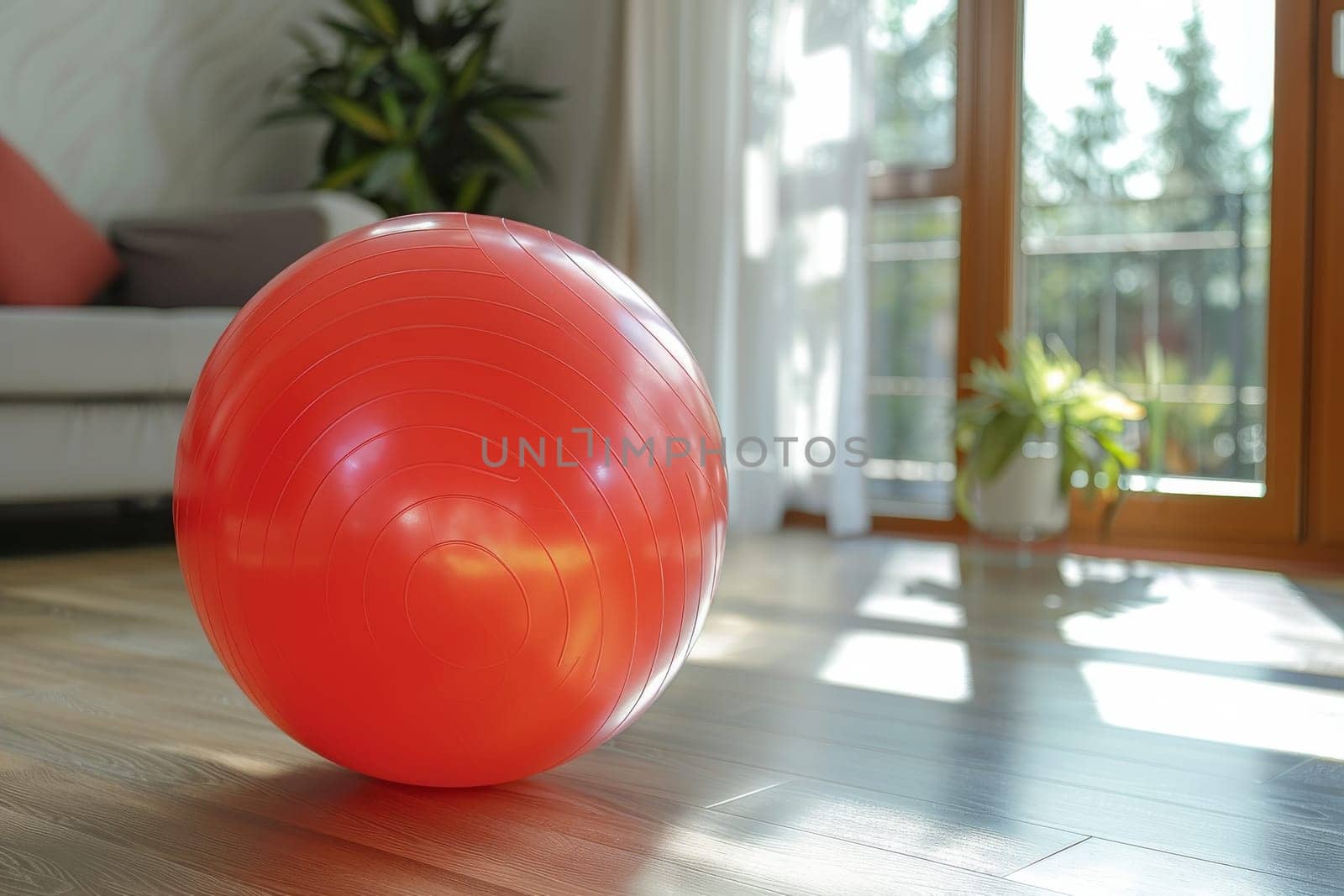 A red ball sits on a wooden floor in a living room. The ball is the center of attention and seems to be the focal point of the room. The living room is furnished with a couch and a potted plant