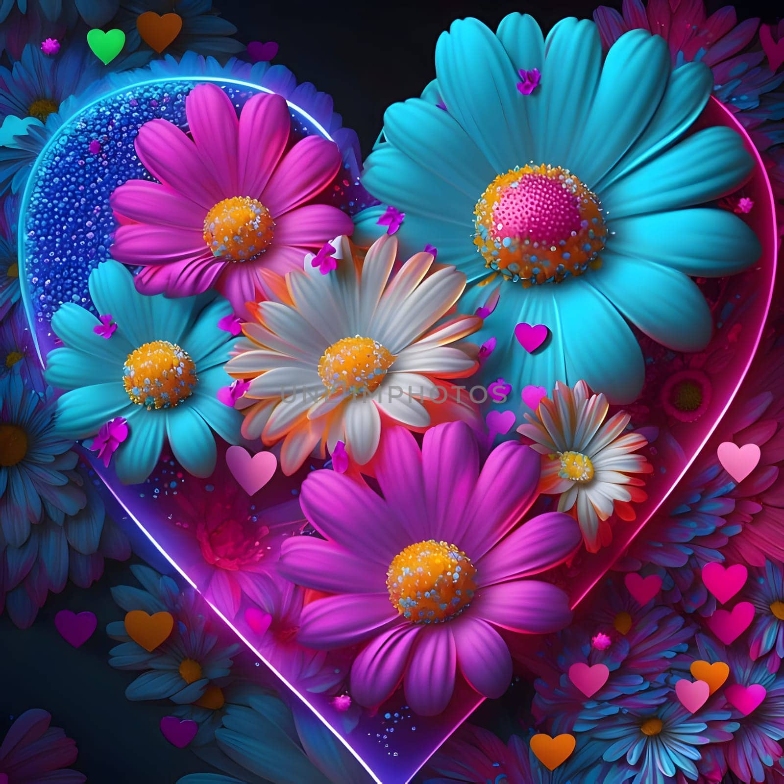 Heart made of large colorful flowers. Petals. Heart as a symbol of affection and love. The time of falling in love and love.