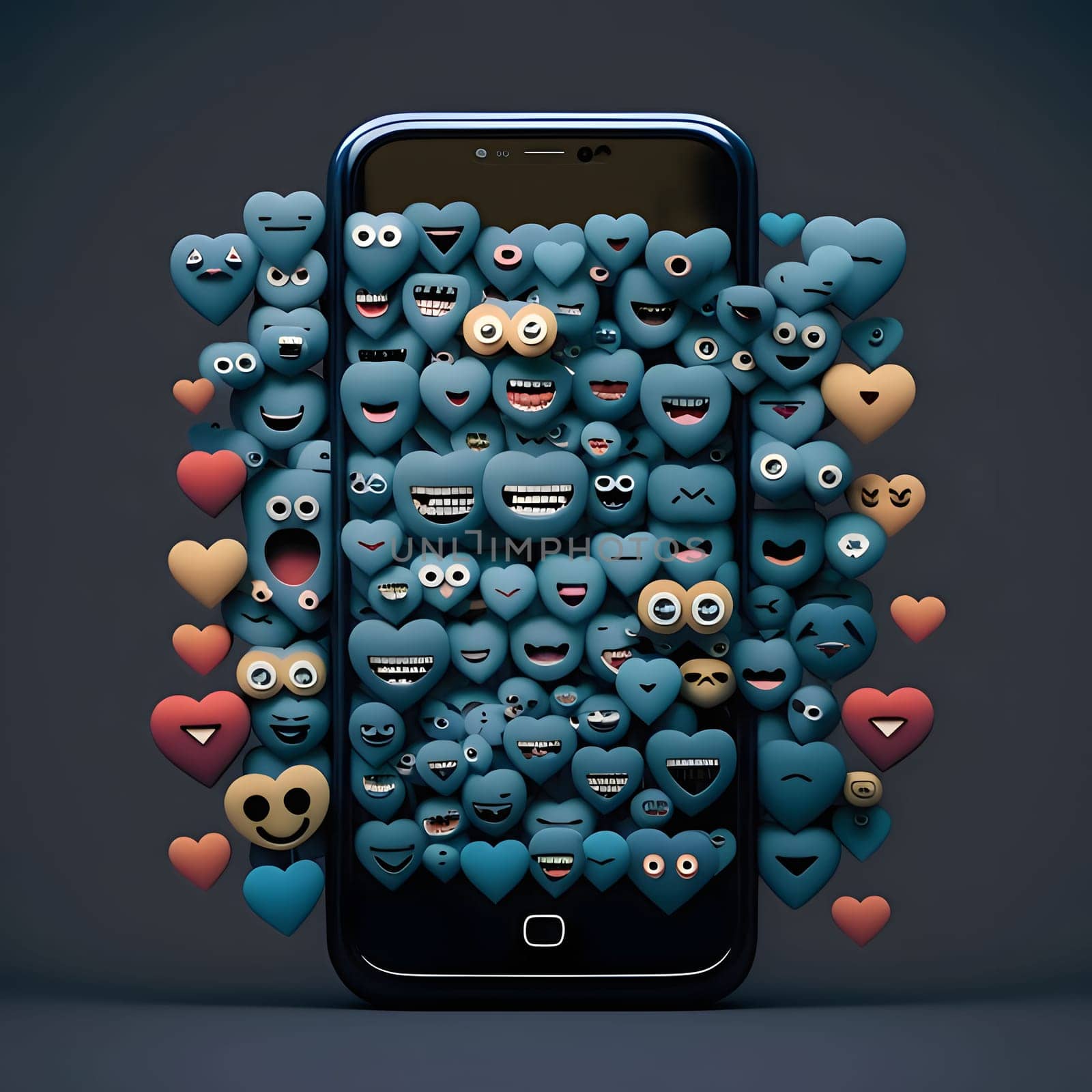 Smartphone and hundreds of hearts with different facial expressions with teeth. Heart as a symbol of affection and love. The time of falling in love and love.