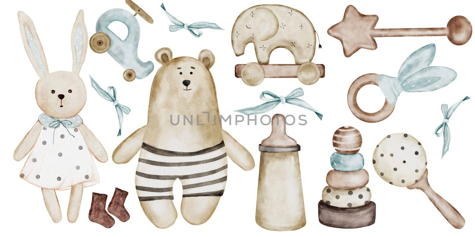 Baby toys big set. Watercolor wooden toys: bunny, bear, elephant, socks, pyramid, helicopter, rattle and bottle. Hand drawn isolated on white background. Ideal for designing baby shower and birth cards and invitations, clothing tags. by TatyanaTrushcheleva