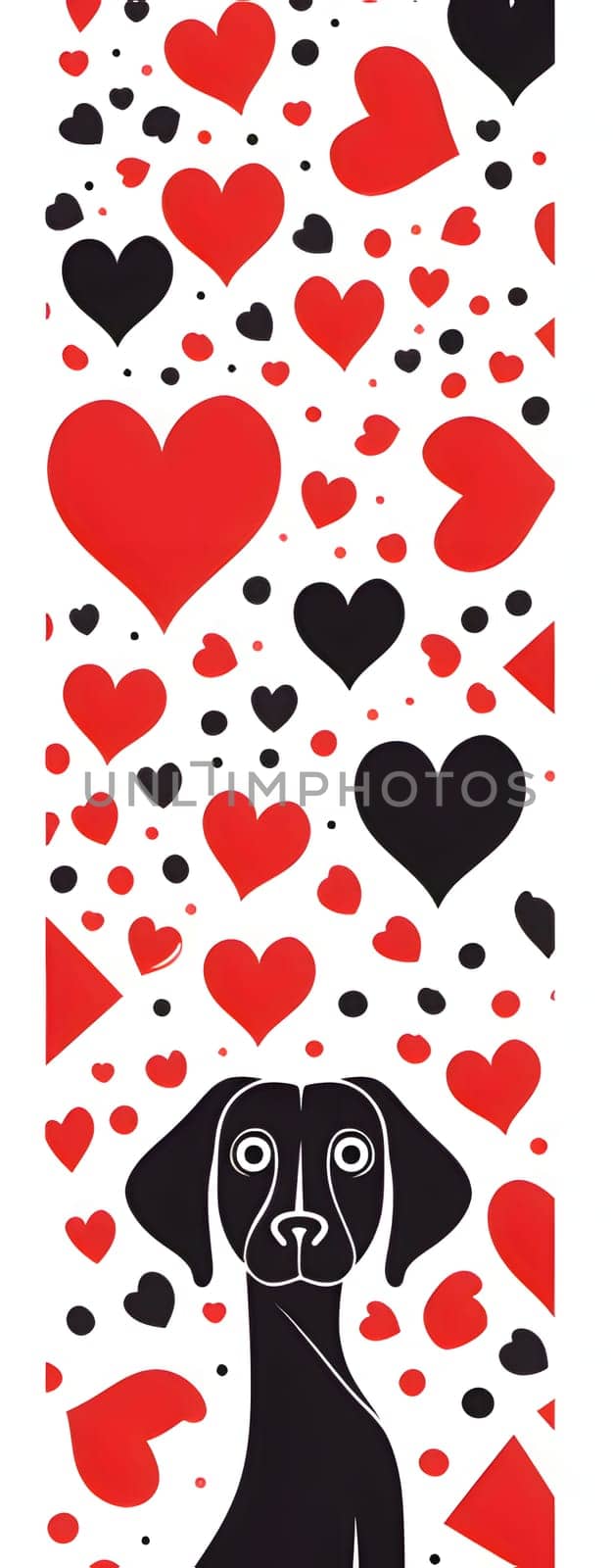 Red and Black hearts on a white background in the middle of a puzzled black silhouette of a dachshund. Heart as a symbol of affection and love. by ThemesS