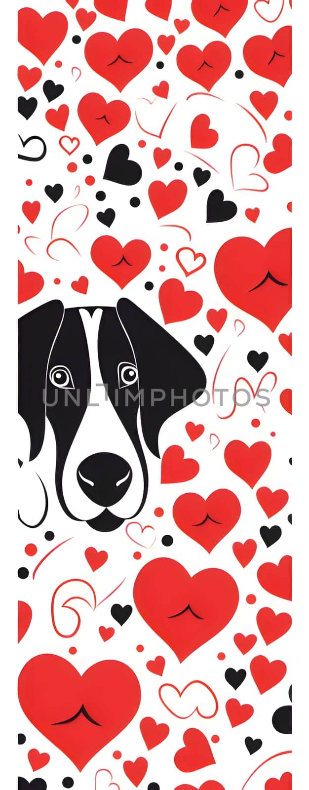 Red and Black hearts in the middle, dog's head, white background. Heart as a symbol of affection and love. The time of falling in love and love.