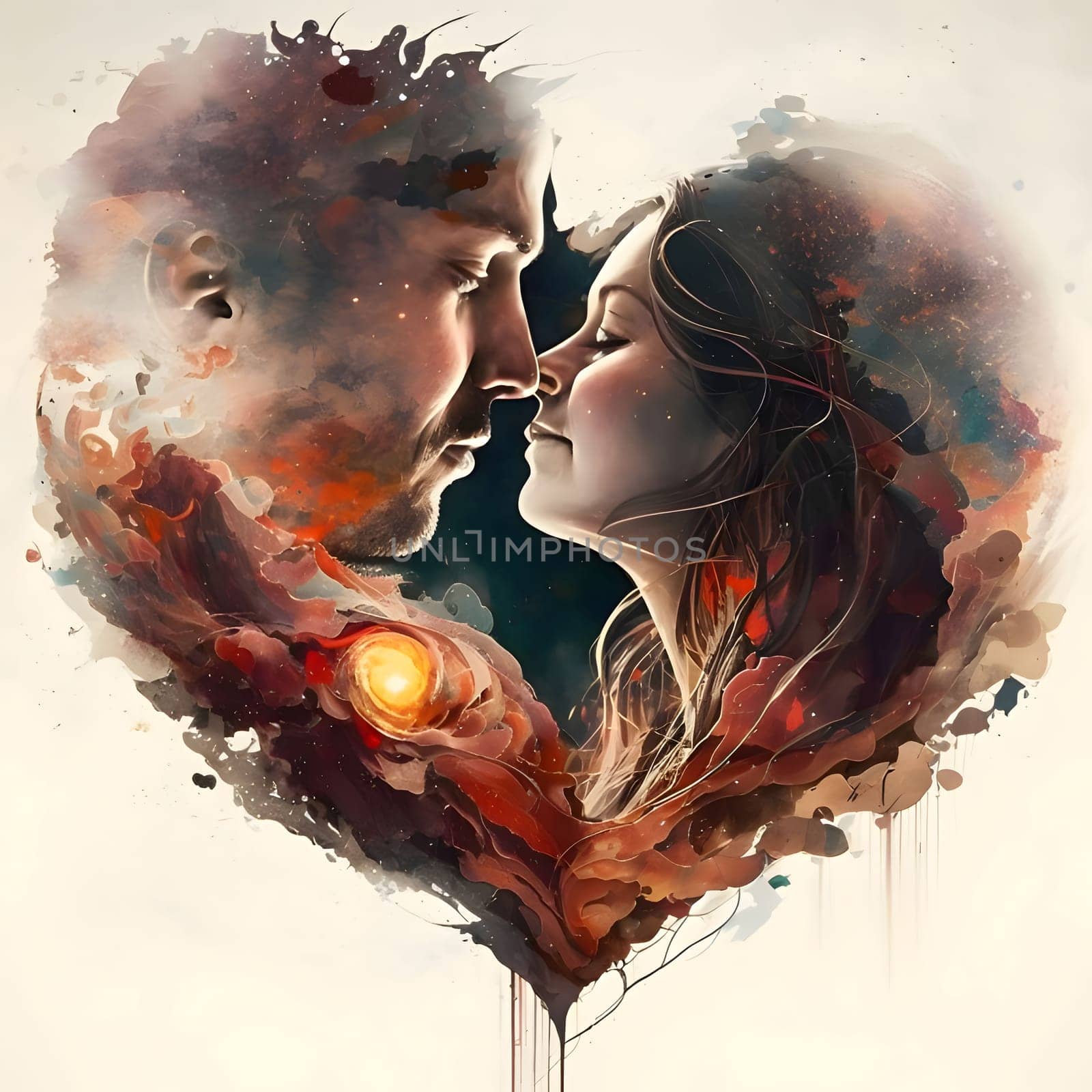 Heart design with a man and woman kissing on a white flooded background. Heart as a symbol of affection and love. The time of falling in love and love.