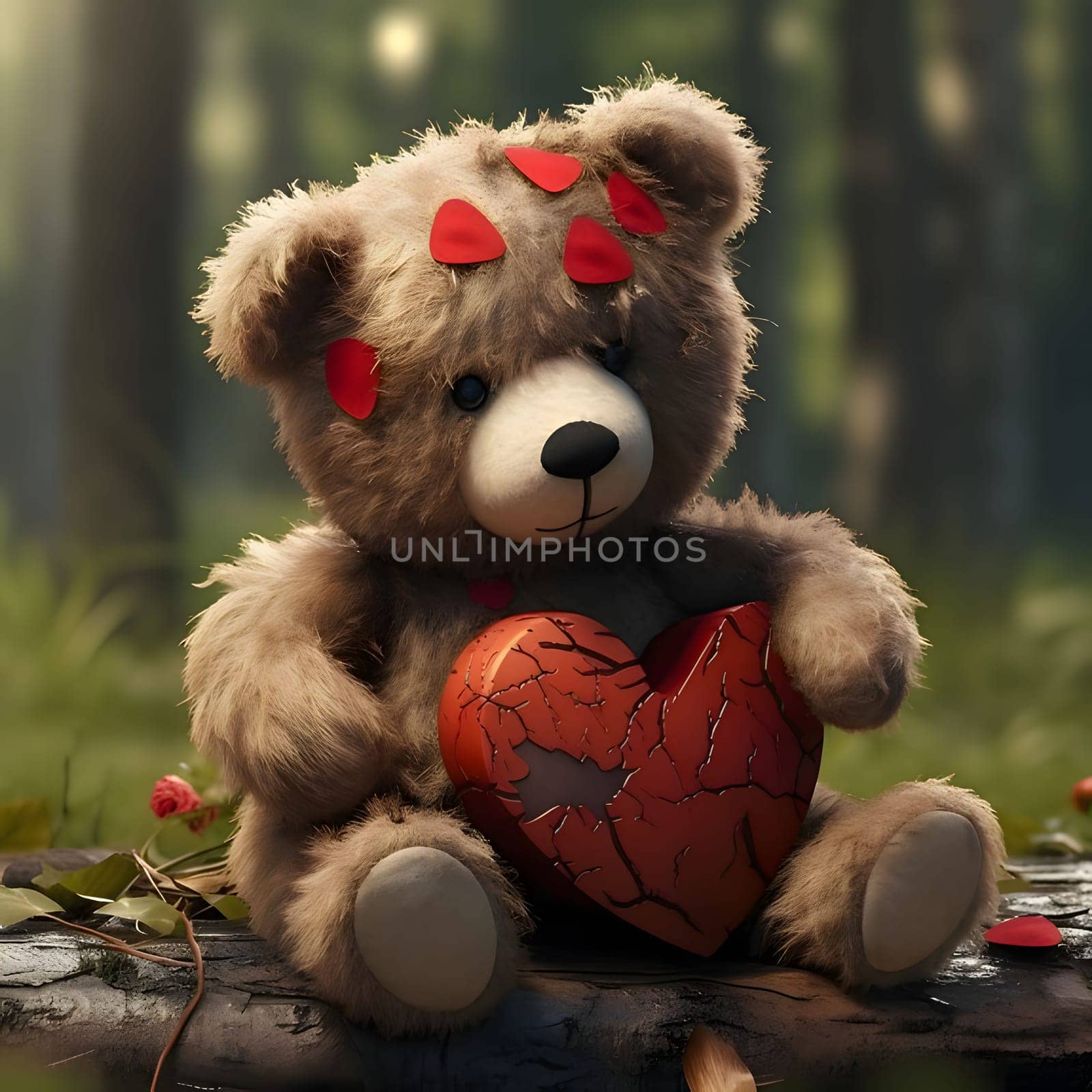 Plush teddy bear with rose petals on its head and a broken red heart in the forest. Heart as a symbol of affection and love. The time of falling in love and love.