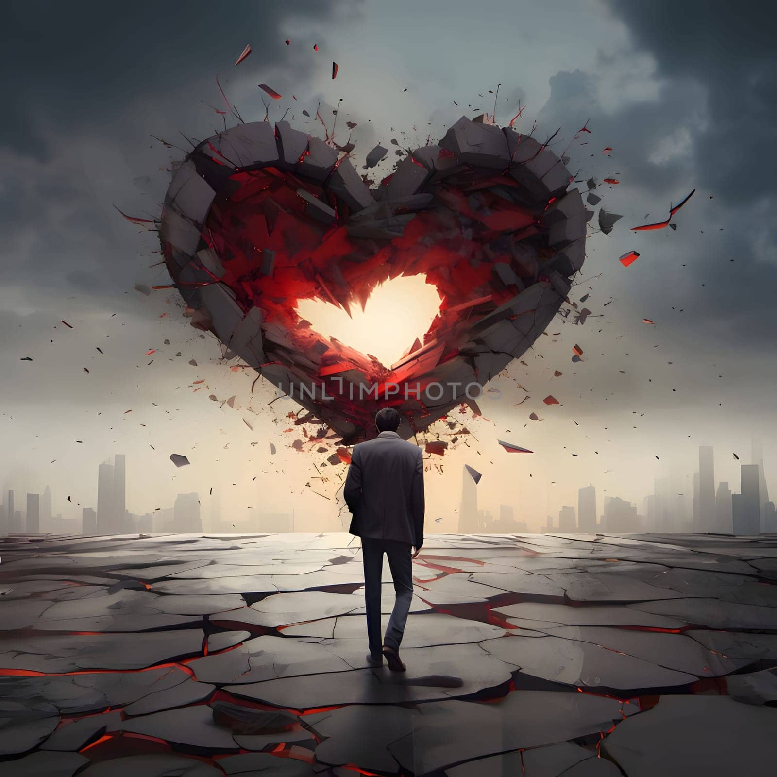 Silhouette of a man in a suit, stepping on cracked ground. standing in front of a large cracked heart in the sky. Heart as a symbol of affection and love. The time of falling in love and love.