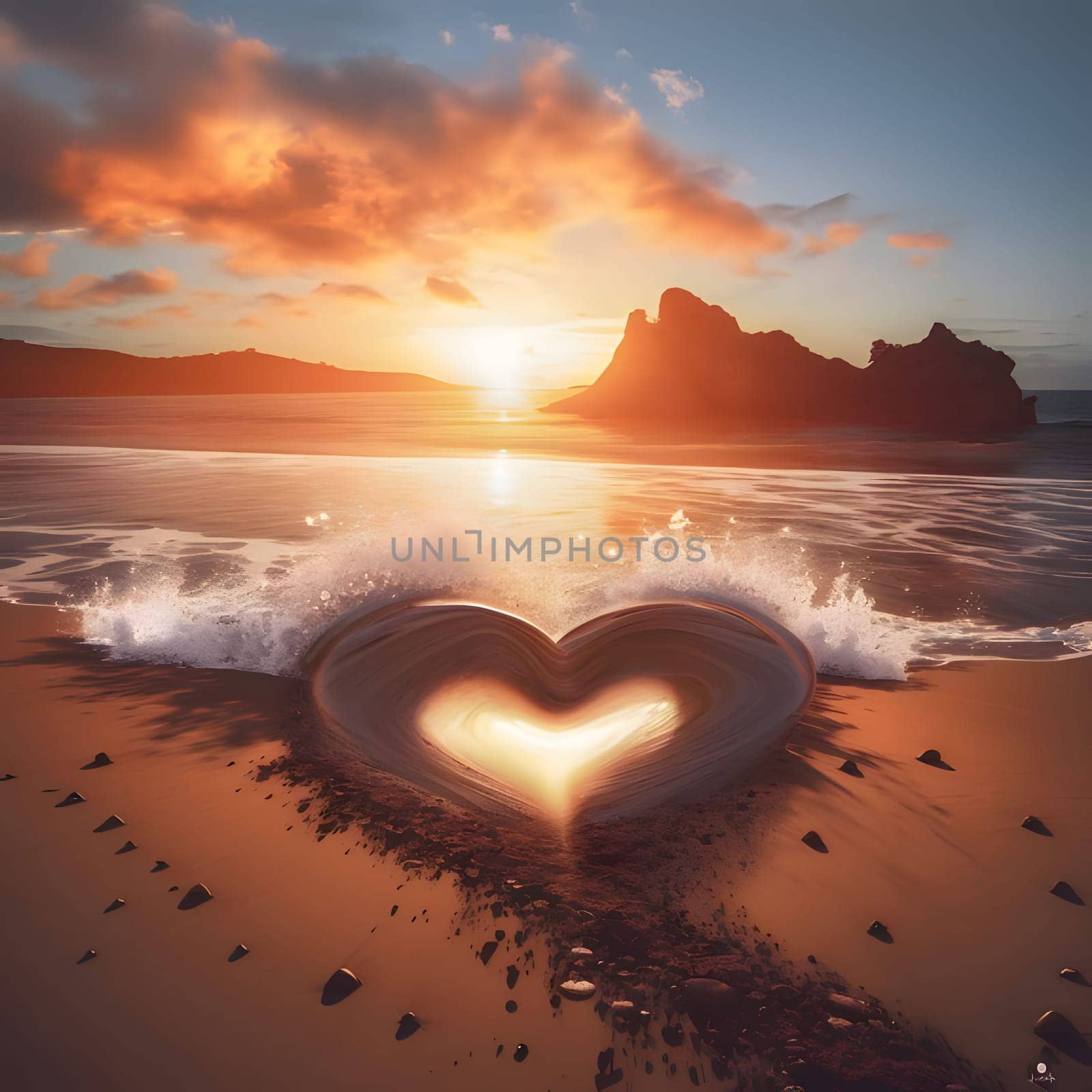 Heart drawn on the sand doused with water, sunset mountains in the background. Heart as a symbol of affection and love. The time of falling in love and love.