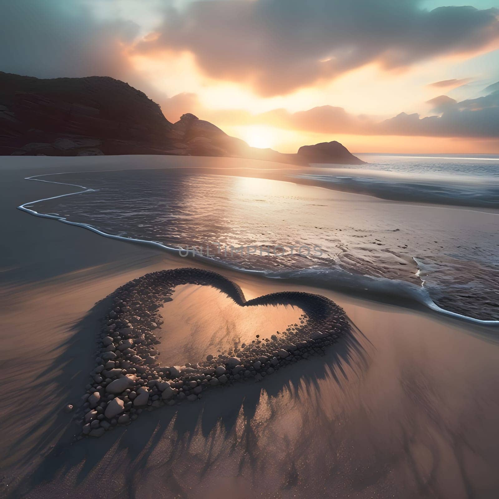 Heart arranged on the sand on the beach of small stones, sunset in the background. Heart as a symbol of affection and love. The time of falling in love and love.