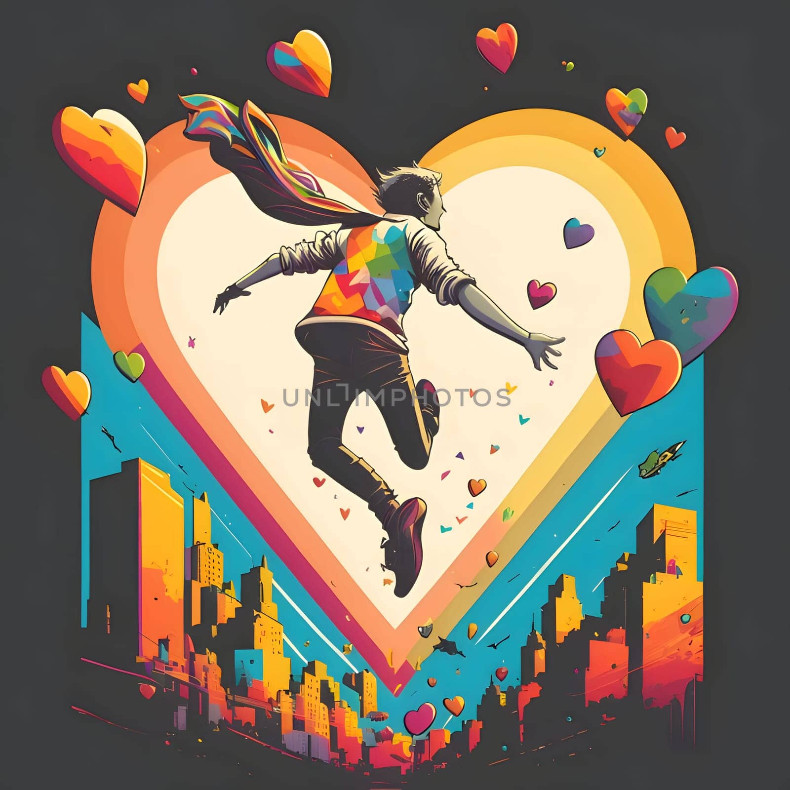 Abstract illustration of a man jumping over colorful stripes, blocks in the background, colorful hearts. Heart as a symbol of affection and love. by ThemesS