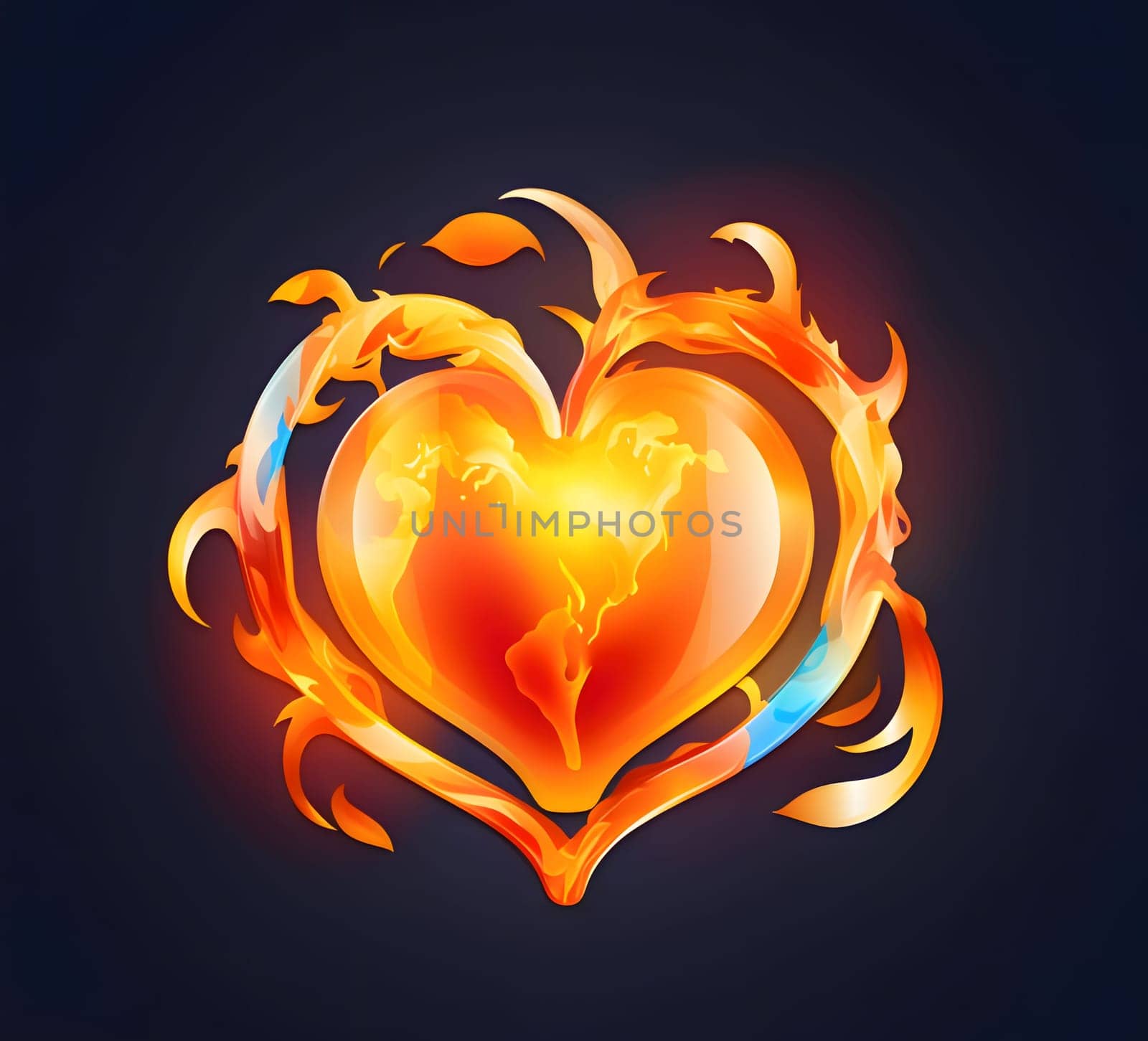 Fiery orange red heart on a dark background. Heart as a symbol of affection and love. by ThemesS