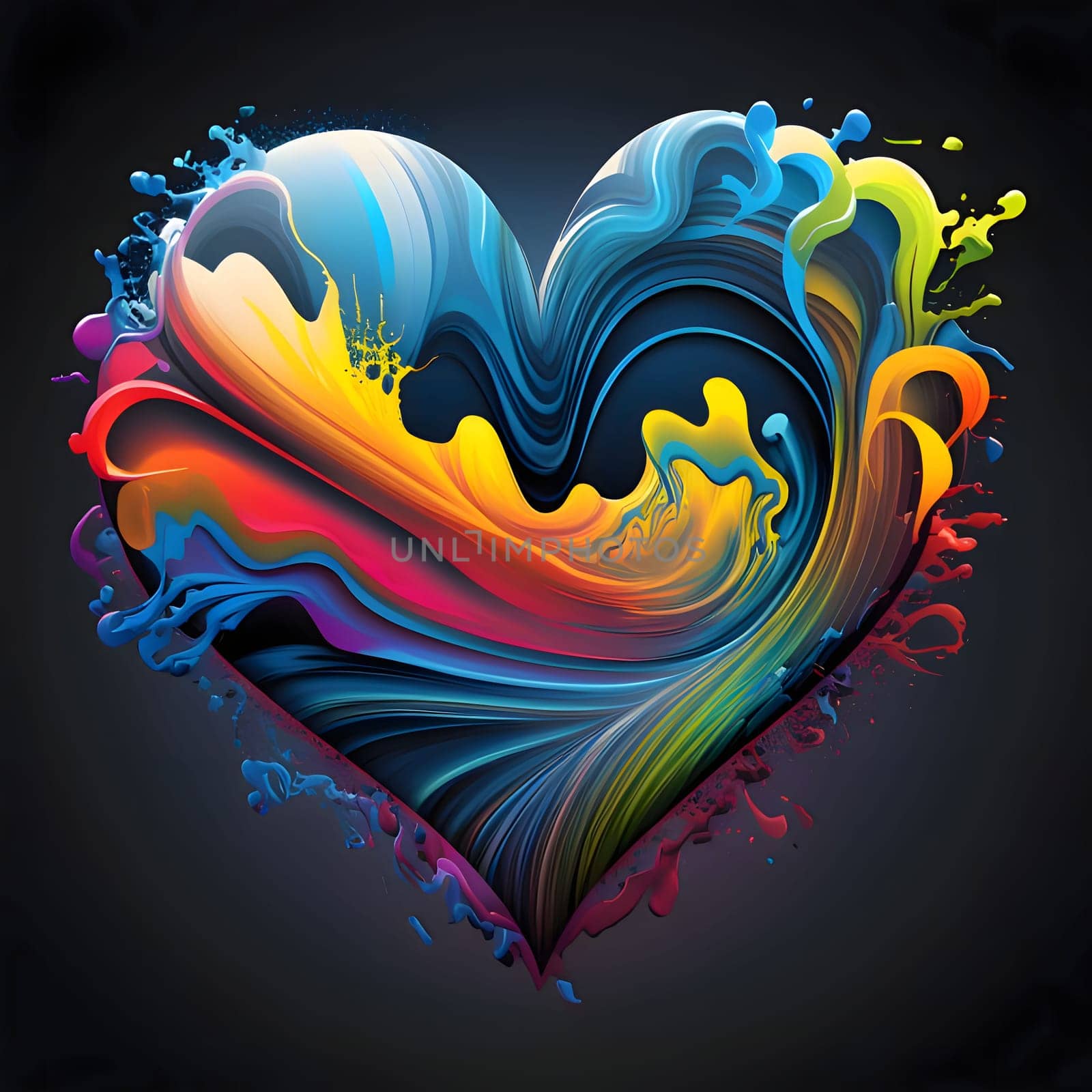 Colorful, painted with paints, rainbow heart on a dark background abstract. Heart as a symbol of affection and love. by ThemesS