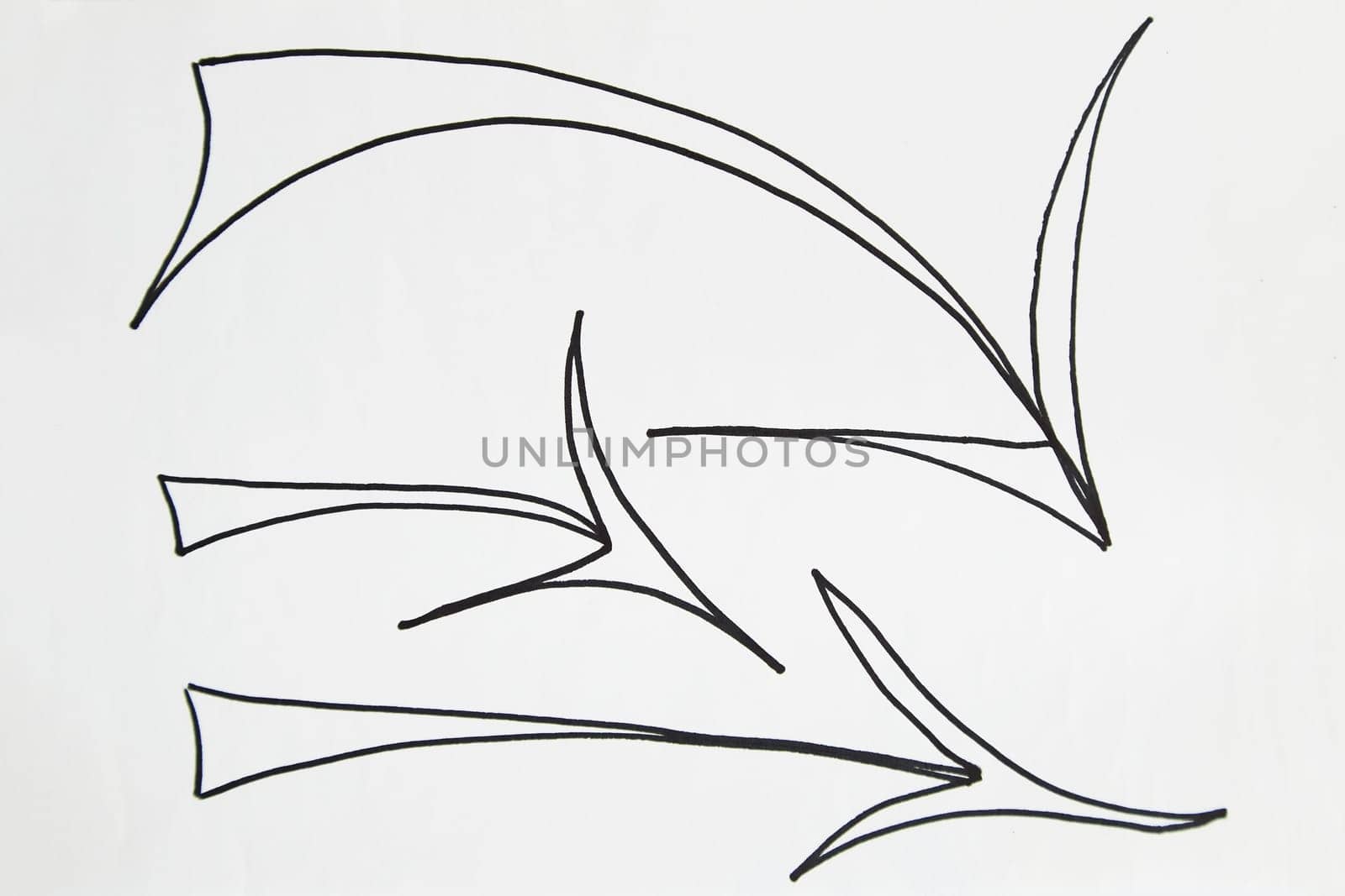 Modern abstract art set of curved smooth arrows on white background. Hand Drawing of arrows in artistic style