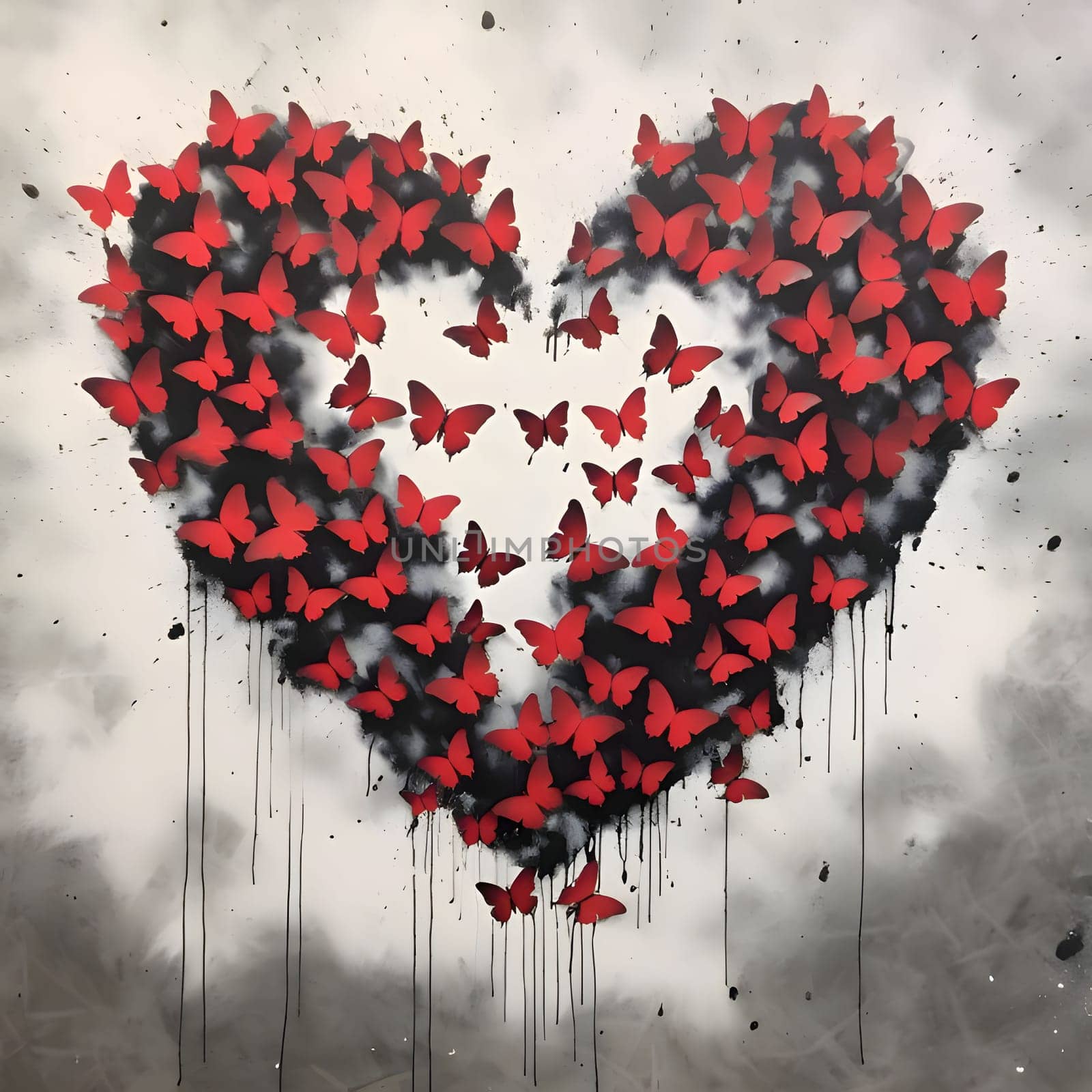 Red heart with red butterflies on a gray dusky background. Heart as a symbol of affection and love. by ThemesS