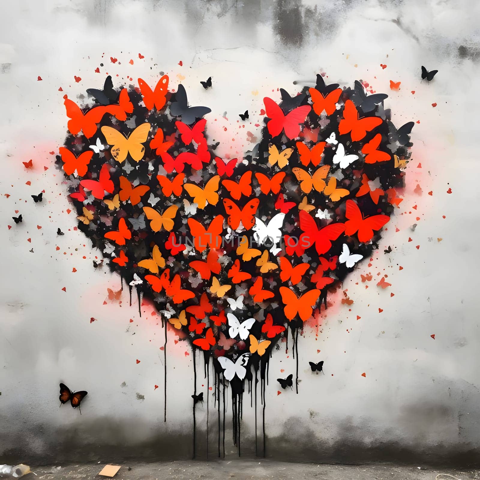 Red heart with orange and red butterflies on a gray dusky background. Heart as a symbol of affection and love. The time of falling in love and love.