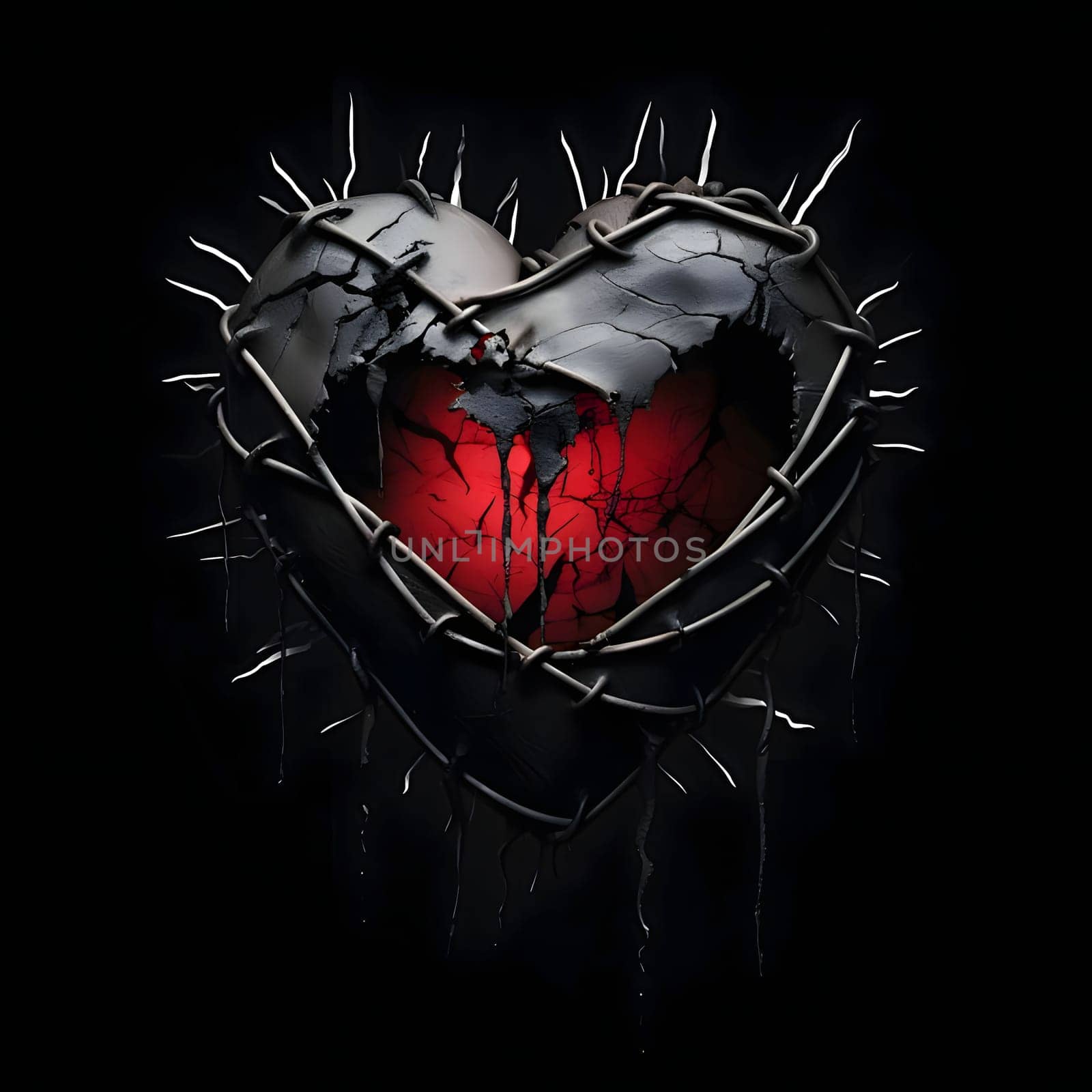 Heart clad with chain and metal spikes pierced black background. Heart as a symbol of affection and love. The time of falling in love and love.