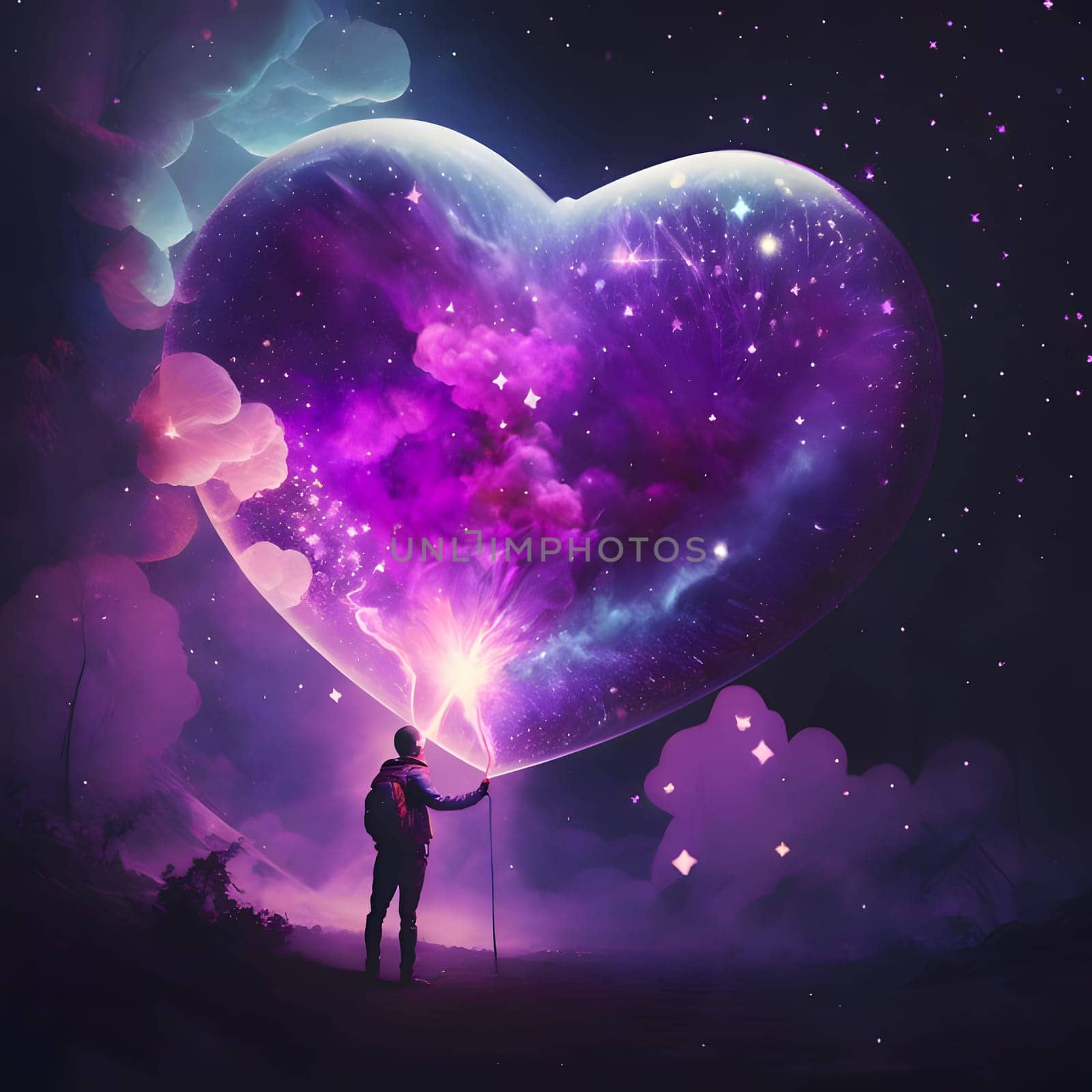 Silhouette of a man in the starry sky. A giant pink heart. Heart as a symbol of affection and love. The time of falling in love and love.