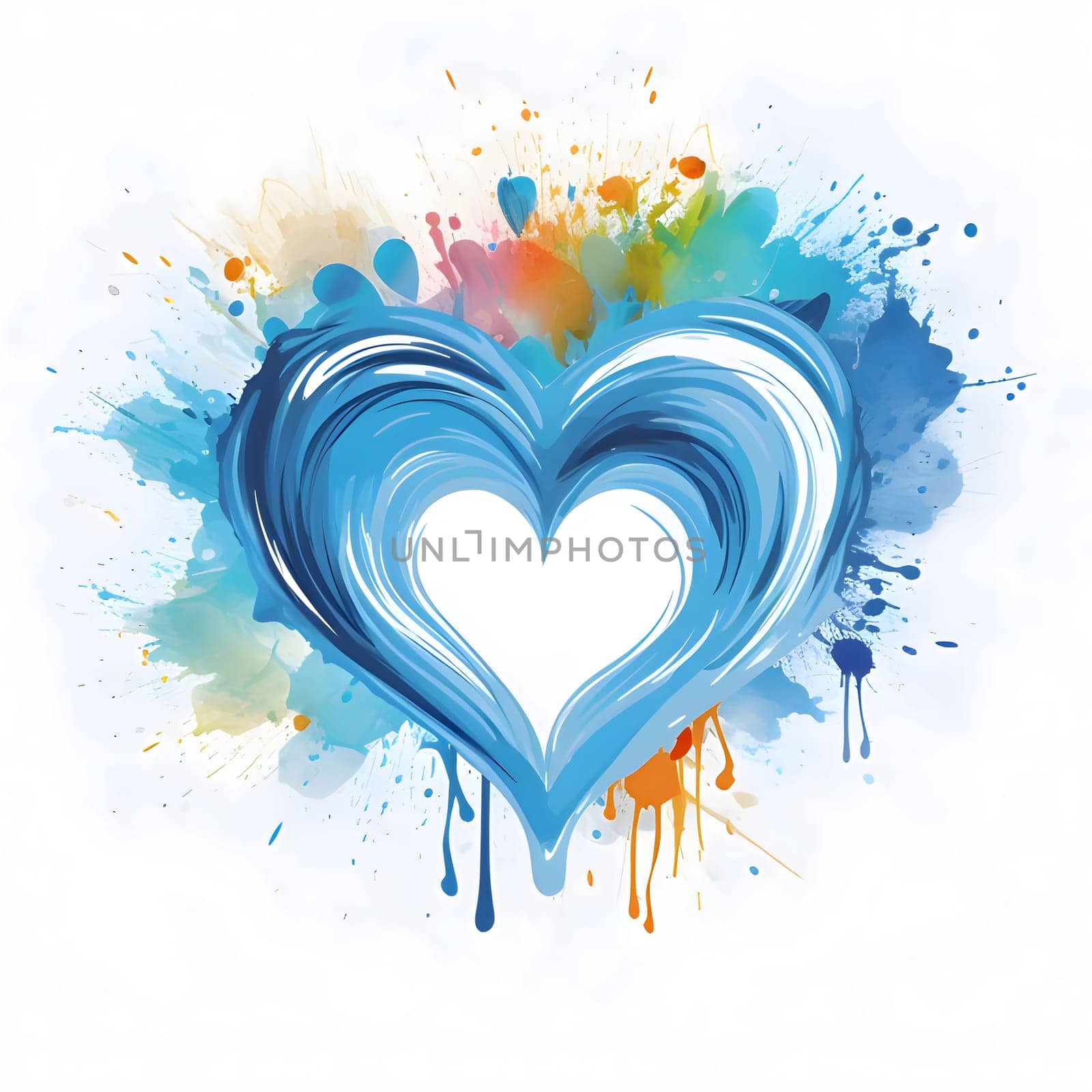 Abstract paint and color watercolor blue heart on white background, splashes of paint. Heart as a symbol of affection and love. The time of falling in love and love.