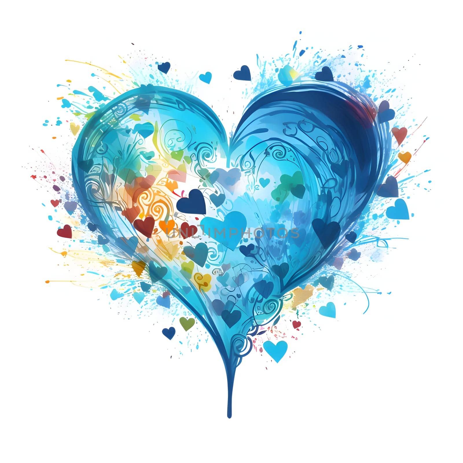 Abstract paint and color watercolor blue heart with tiny on white background, paint splatters. Heart as a symbol of affection and love. by ThemesS