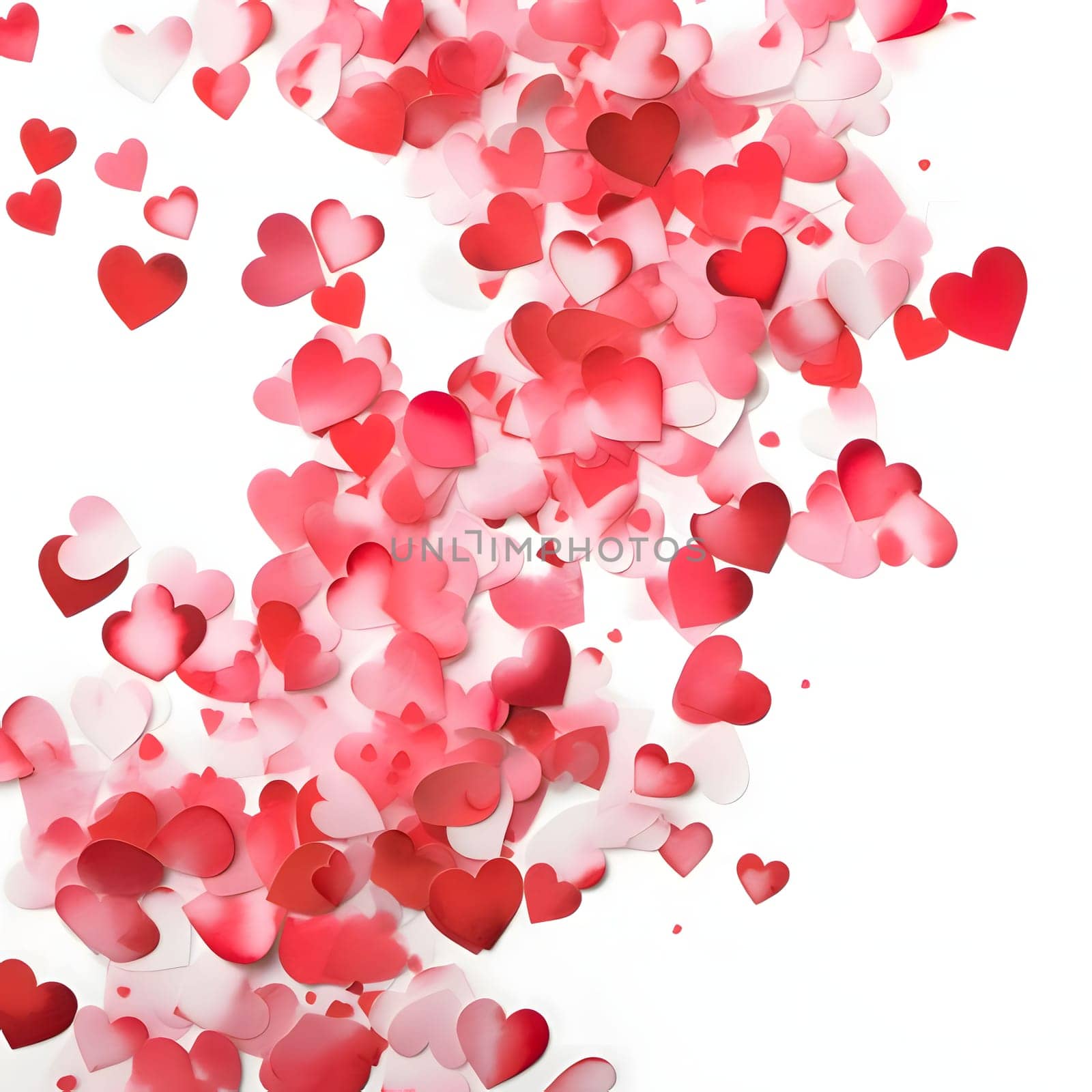 Scattered red white pink hearts on a white background. Heart as a symbol of affection and love. The time of falling in love and love.